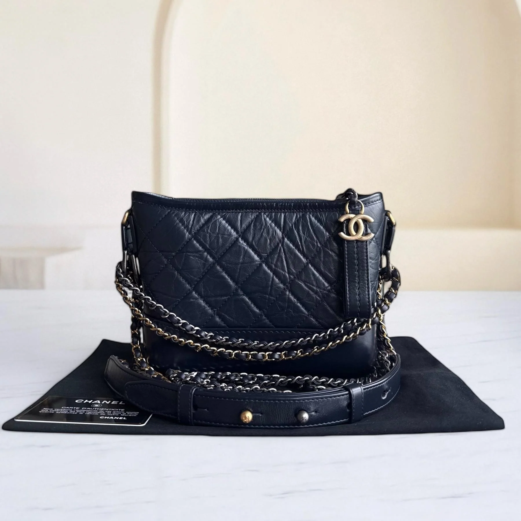 Chanel Gabrielle Small - Quilted Calfskin Dark Navy Blue Two-tone Gold Hardware Series 26