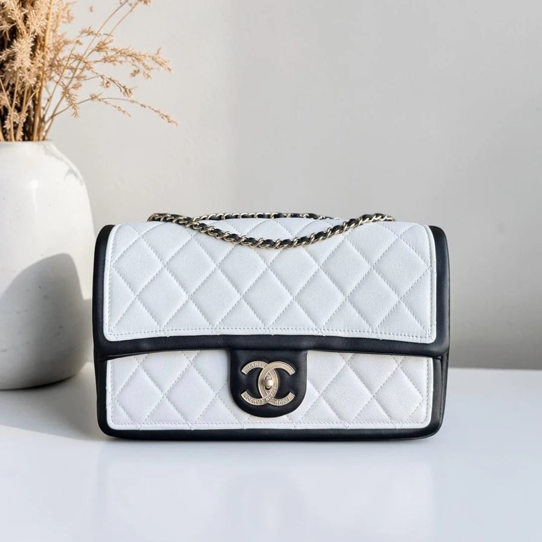 Chanel Seasonal Flap - 25CM Quilted Lambskin Bi-Color White Black Gold Hardware