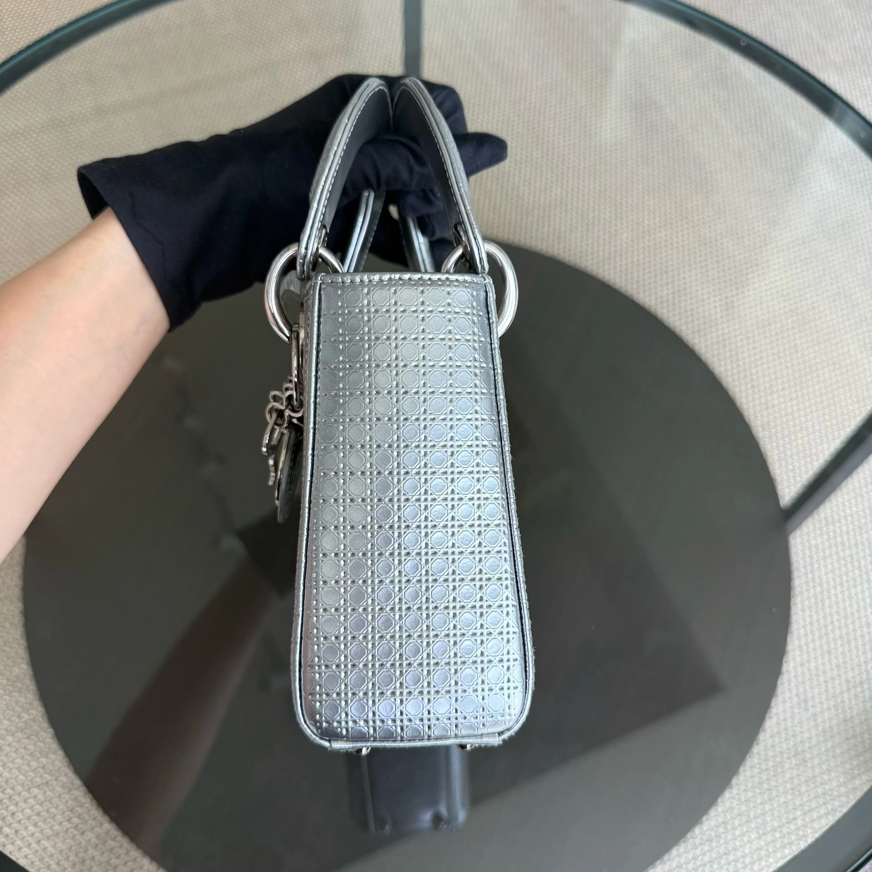 Dior Lady Mini - Micro Cannage Metallic Silver Hardware Adjustable Strap