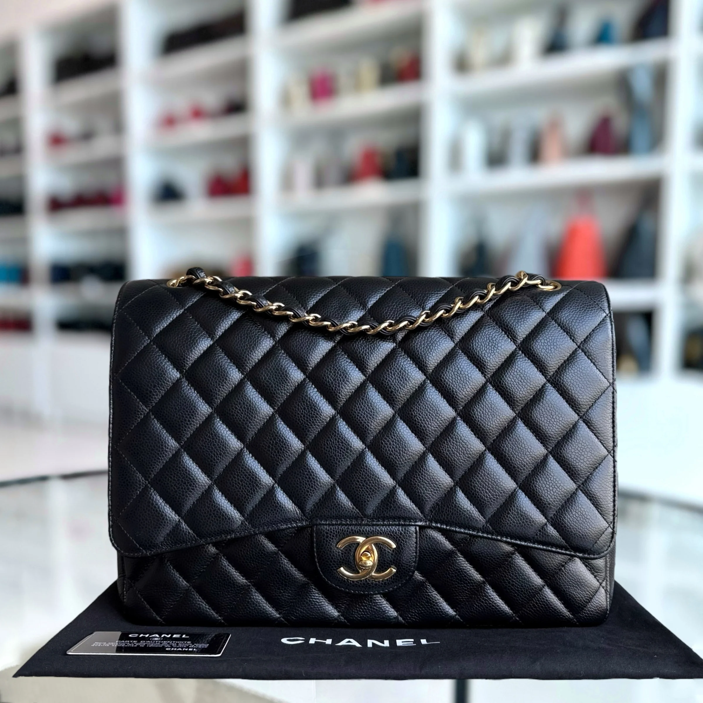 Chanel Classic Flap Maxi - Caviar Double Flap 33CM Quilted Black Gold Hardware Series 18