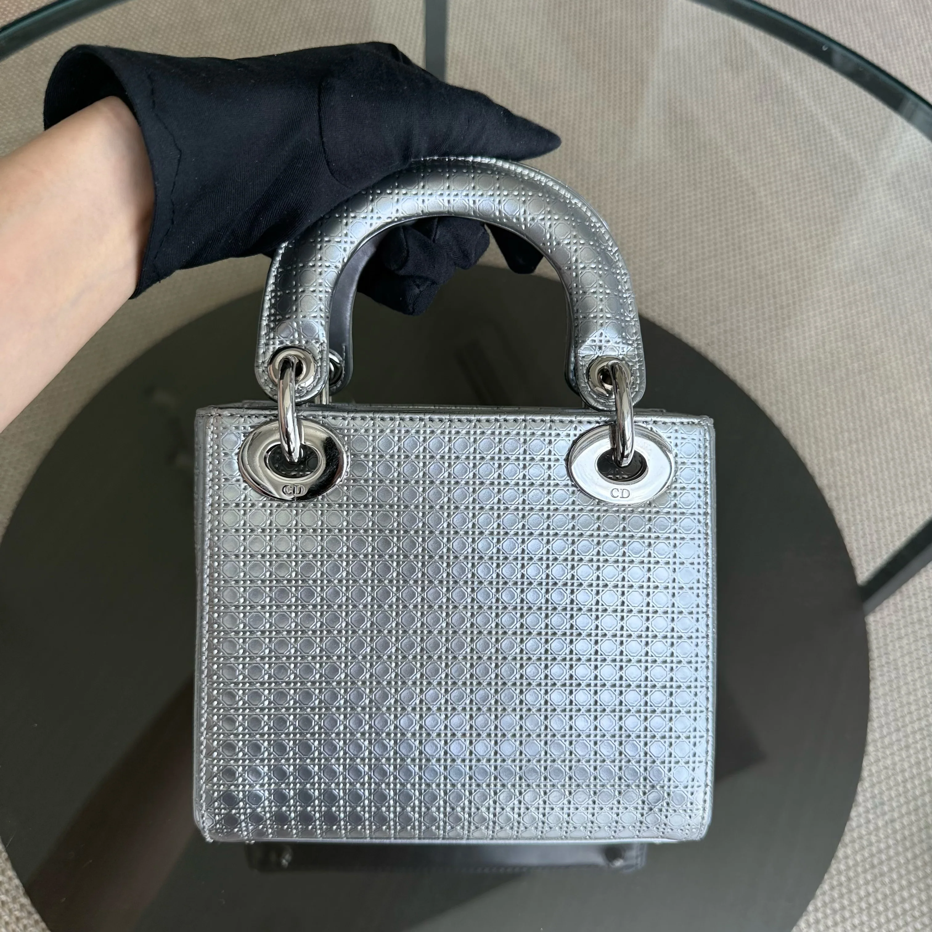 Dior Lady Mini - Micro Cannage Metallic Silver Hardware Adjustable Strap