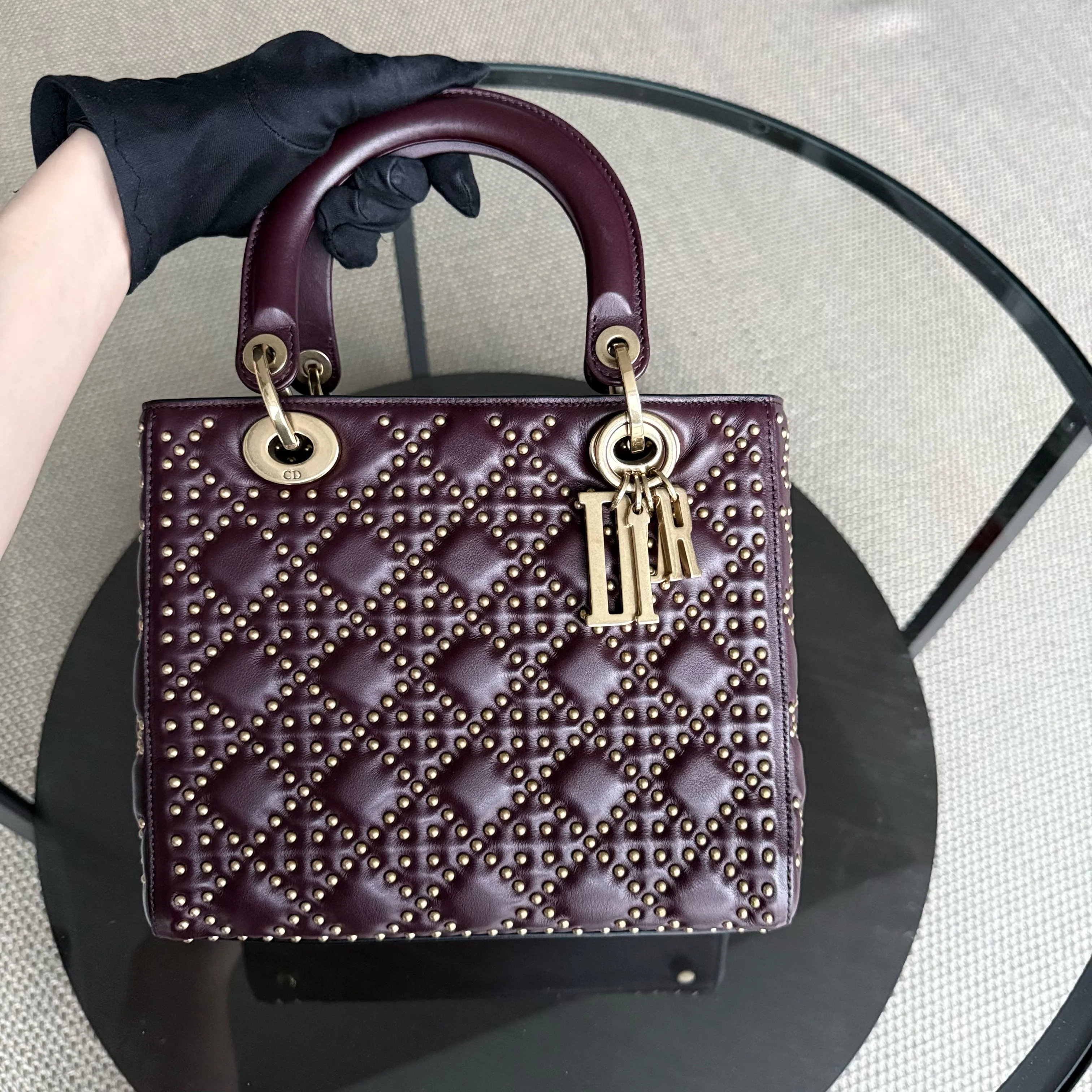 Dior Lady Medium Flap - Studded Cannage Calfskin Burgundy Red Gold Hardware