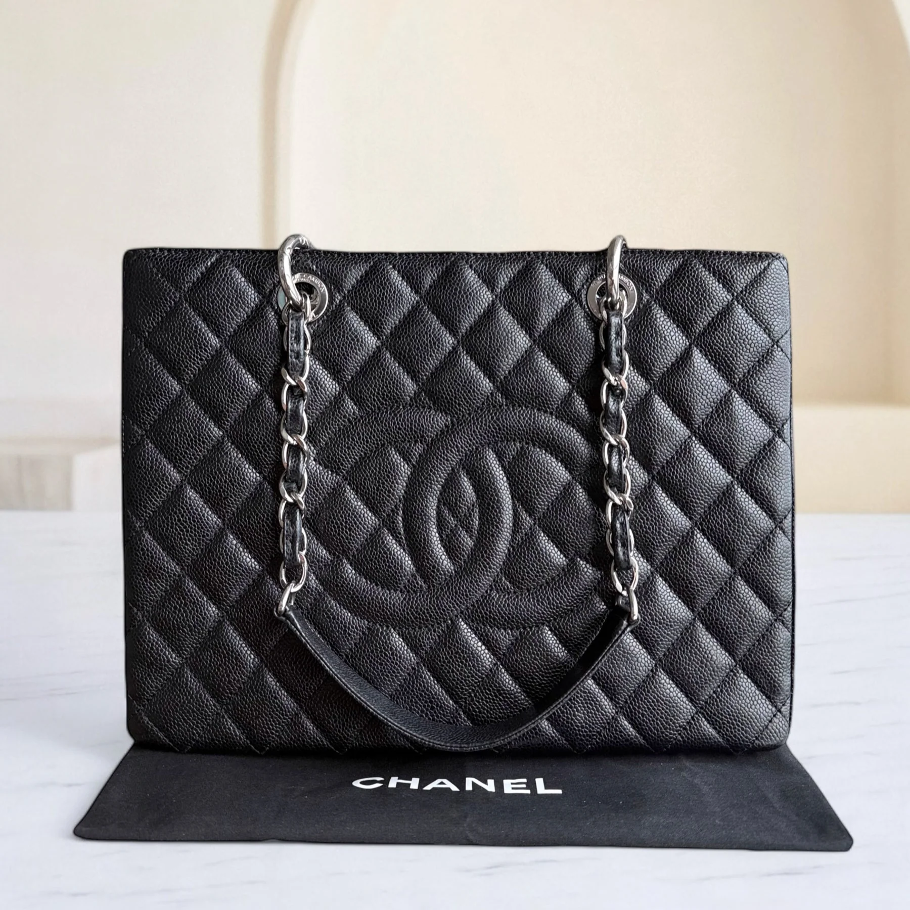 Chanel GST Grand Shopping Tote - Caviar Quilted Grained Calfskin Black Silver Hardware Series 19