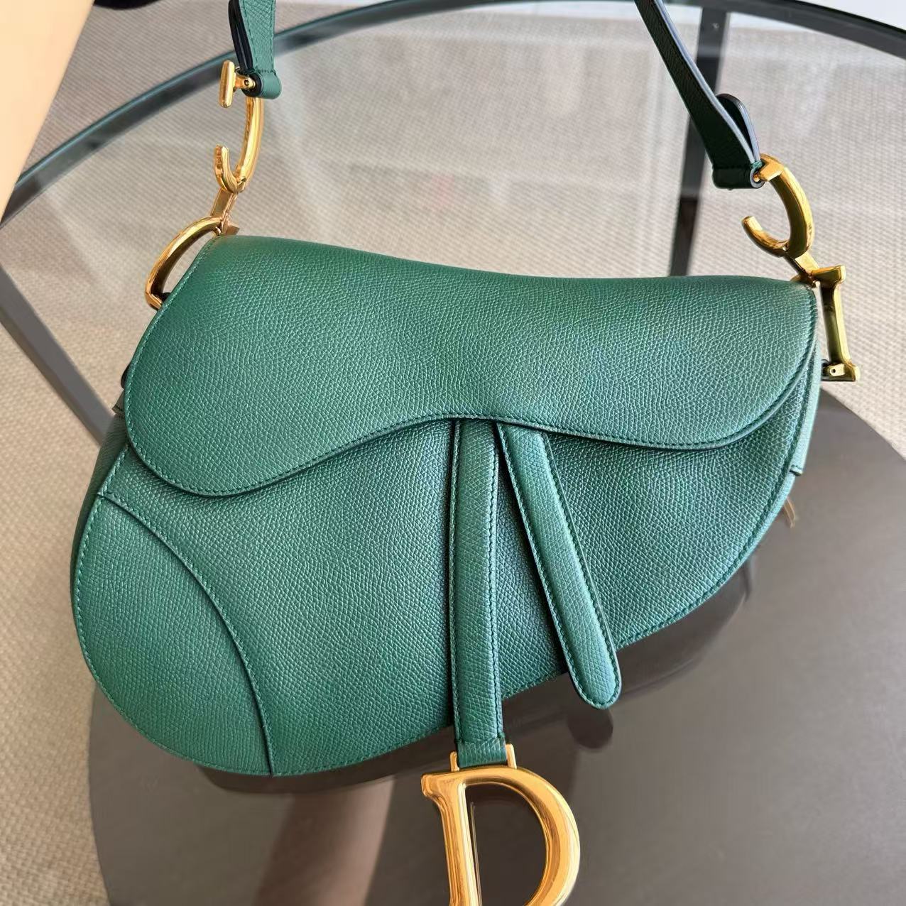 Dior Saddle Medium - Grained Calfskin Green Gold Hardware