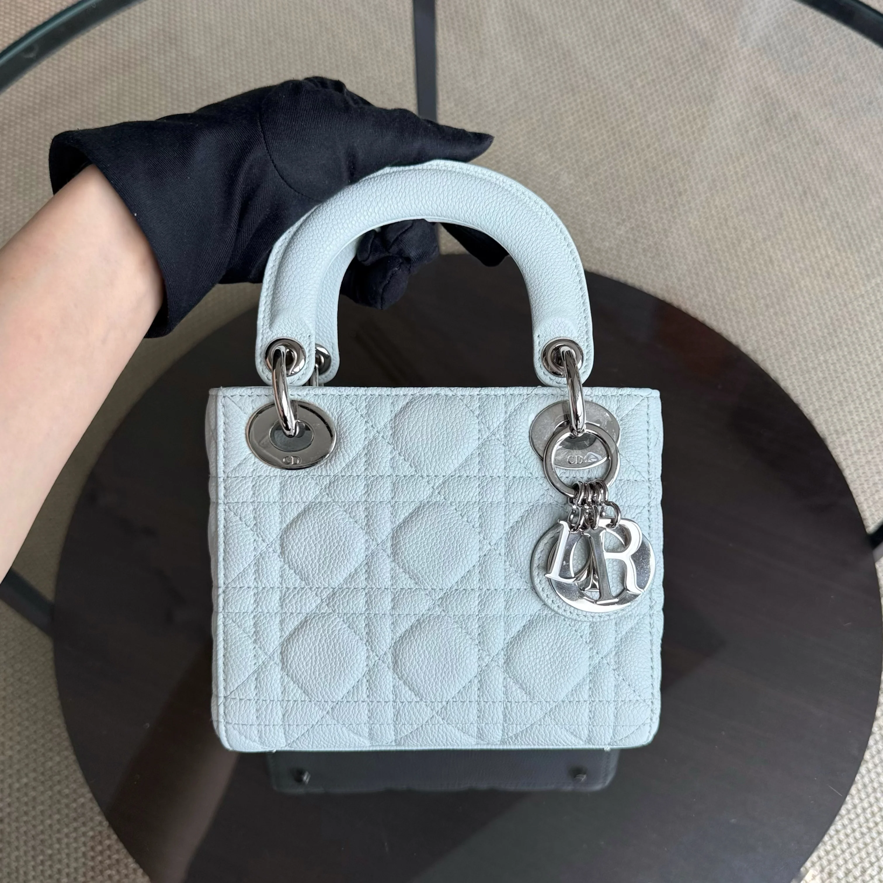 Dior Lady Mini - Grained Calfskin Cannage Glacier White Silver Hardware