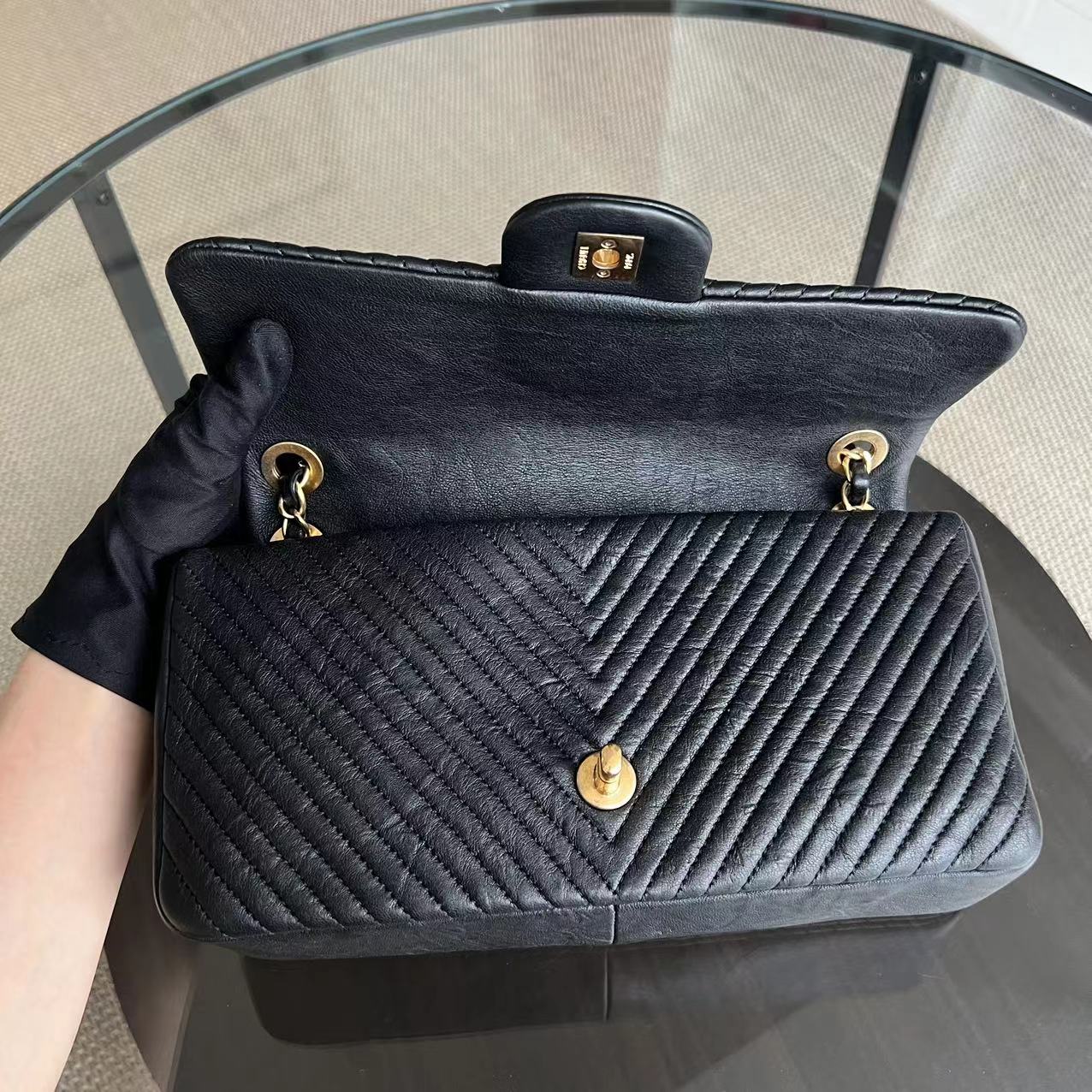 Chanel Herringbone - Medium Seasonal Flap Black Aged Calfskin Golden Hardware Series 19