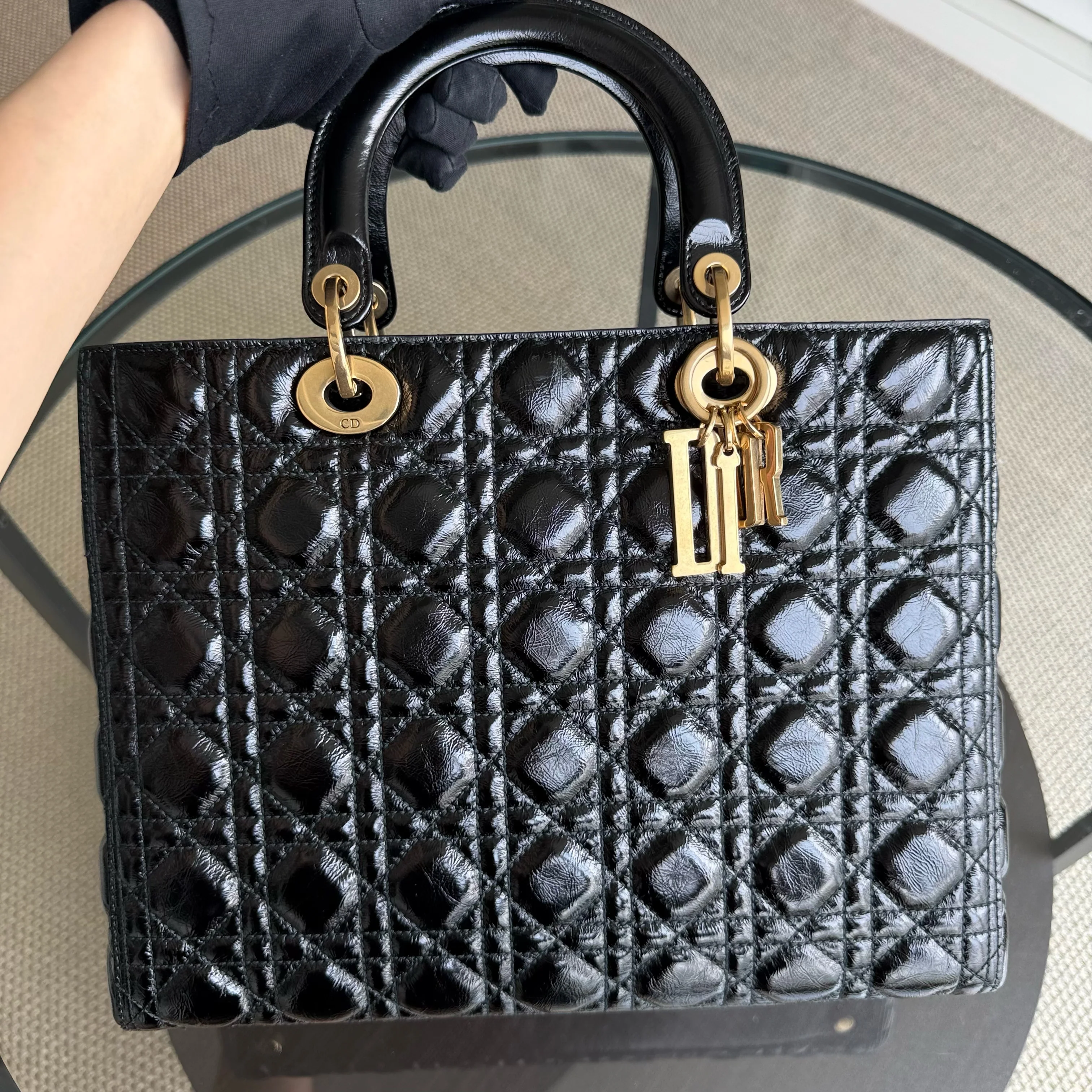 Dior Lady Large Flap - Canange Glazed Calfskin Black Gold Hardware