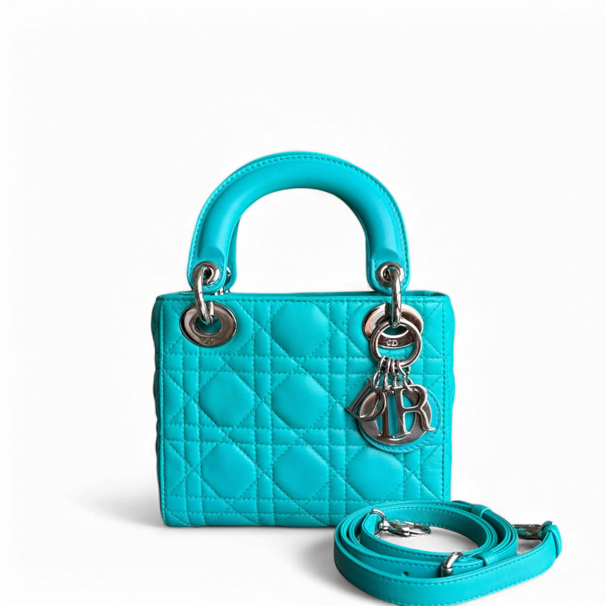 Dior Lady Mini - Cannage Lambskin Cyan Blue Silver Hardware Adjustable Strap