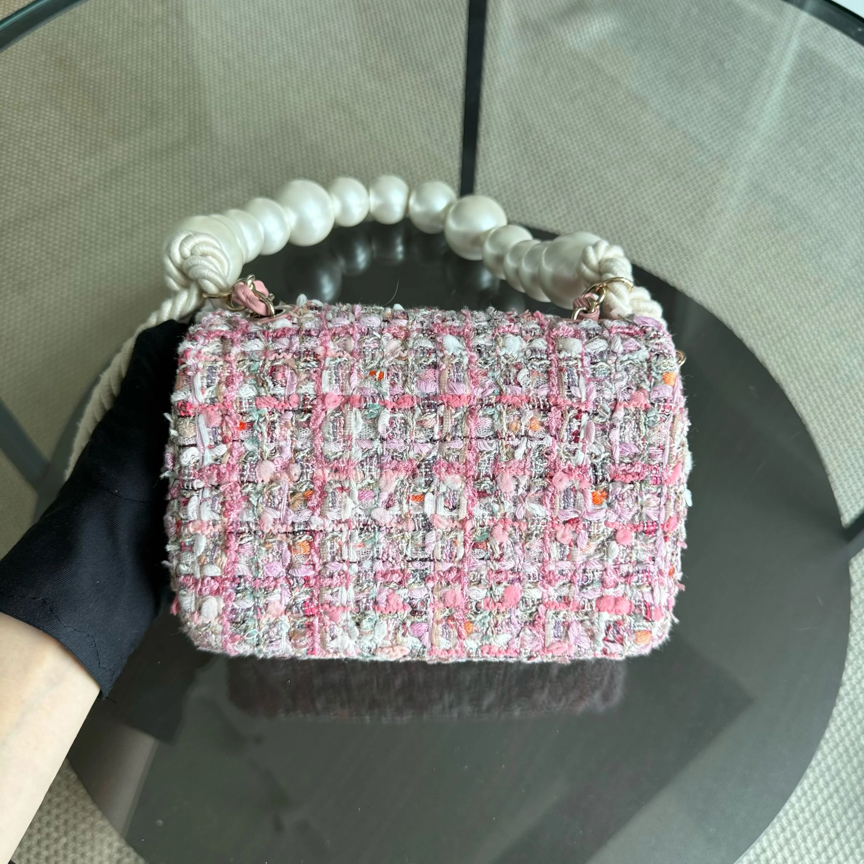 Chanel Classic Flap Mini Square Pearl Tweed - 20CM Pink Gold Hardware Series 27