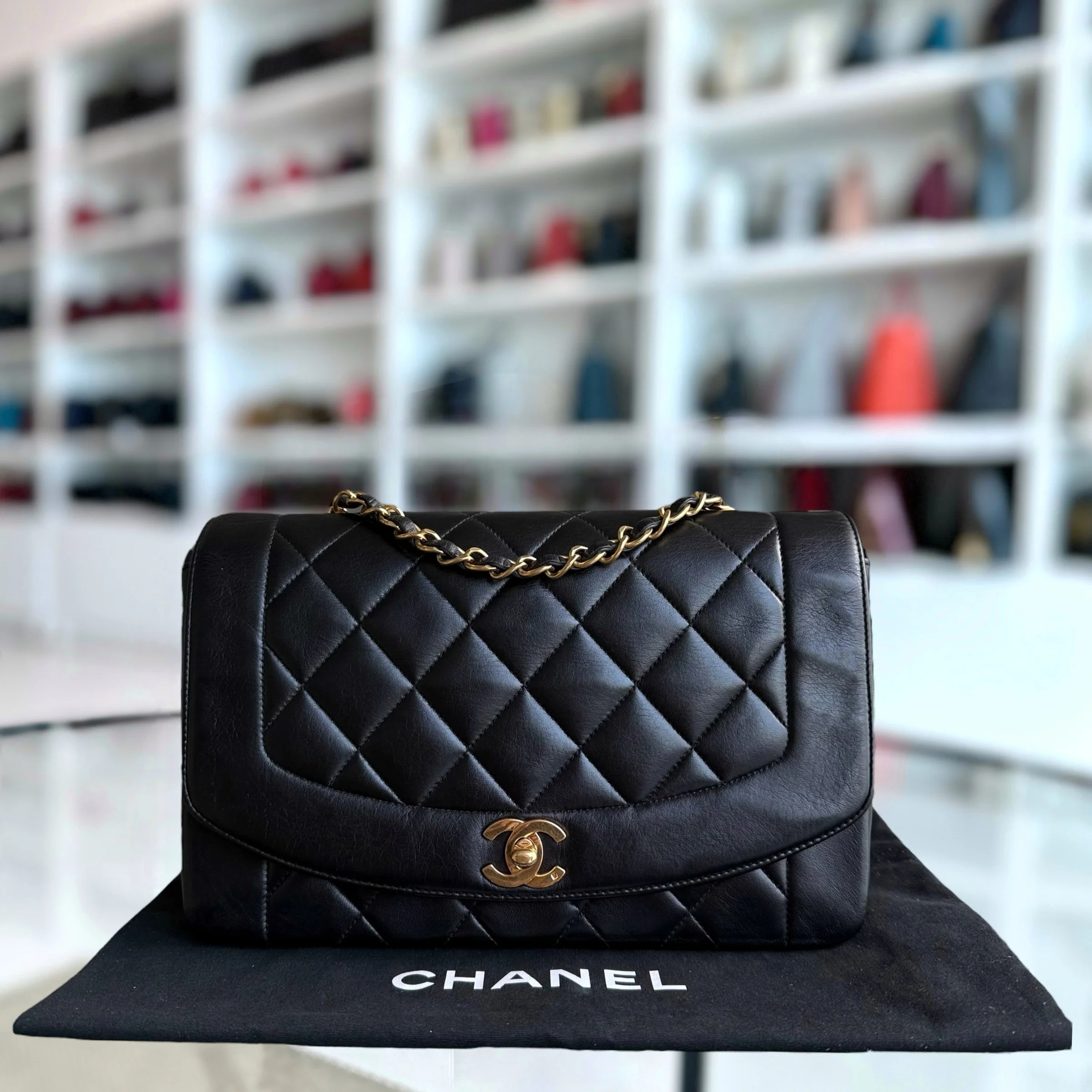 Chanel Diana Vintage - 25CM Quilted Lambskin Black Gold Hardware Series 2