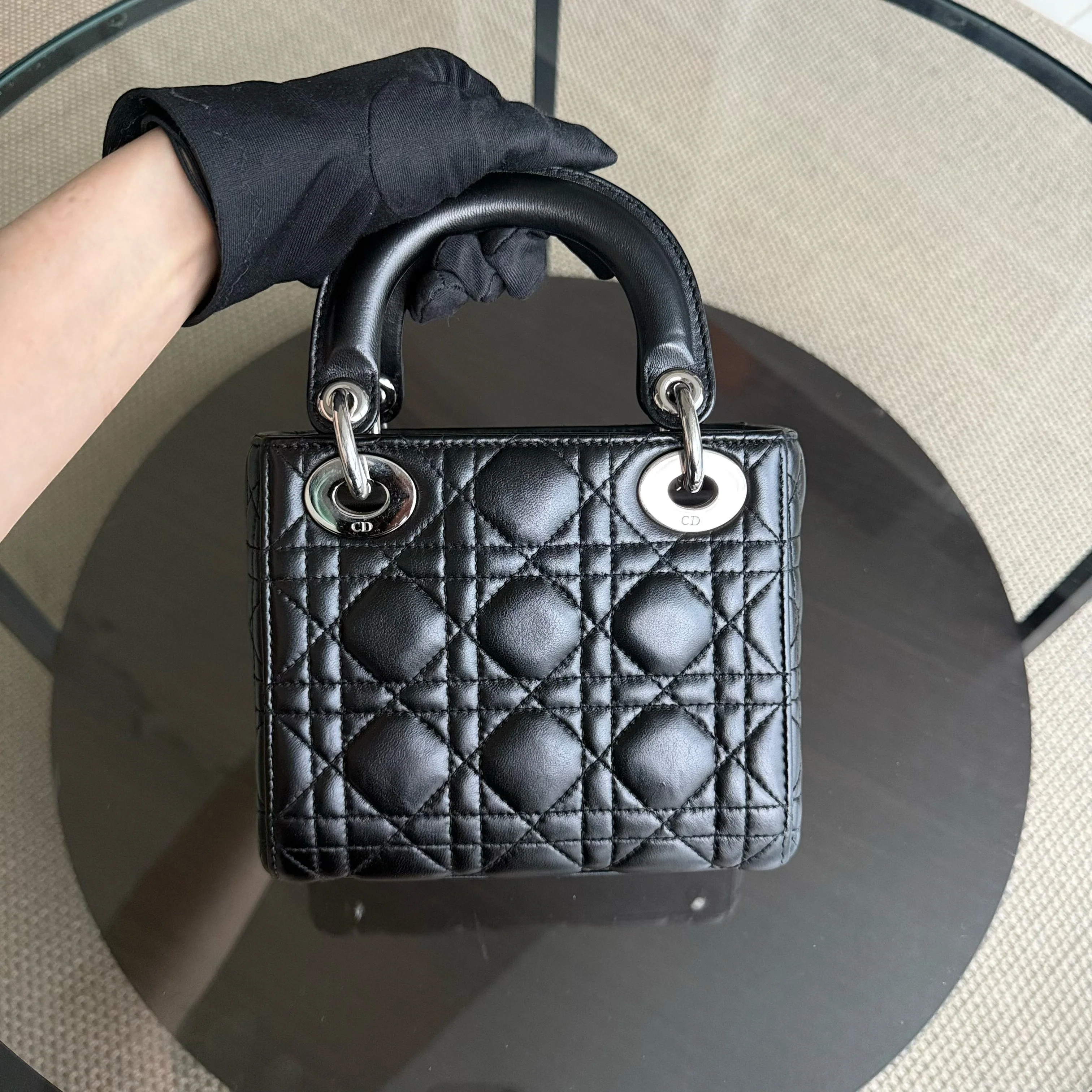 Dior Lady Mini - Cannage Lambskin Black Silver Hardware Adjustable Strap