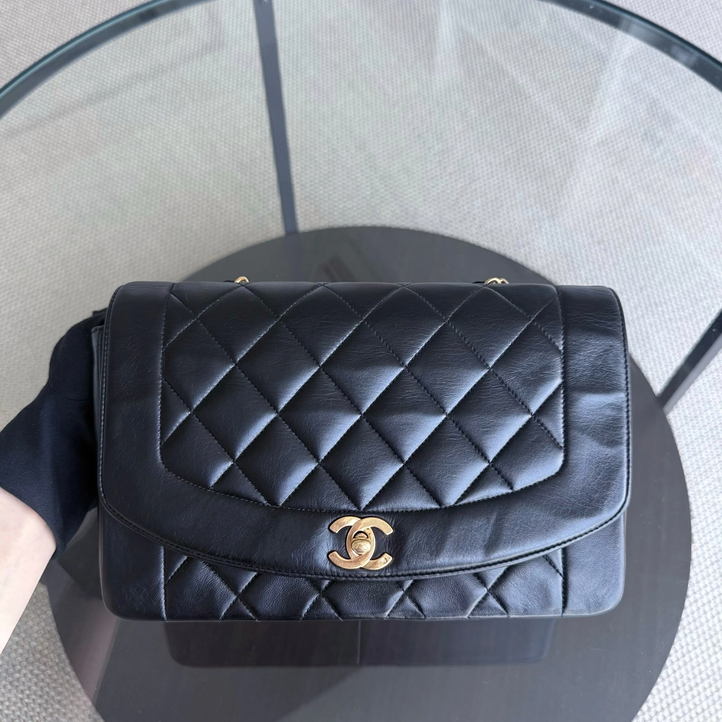 Chanel Diana Vintage - 25CM Quilted Lambskin Black Gold Hardware Series 2