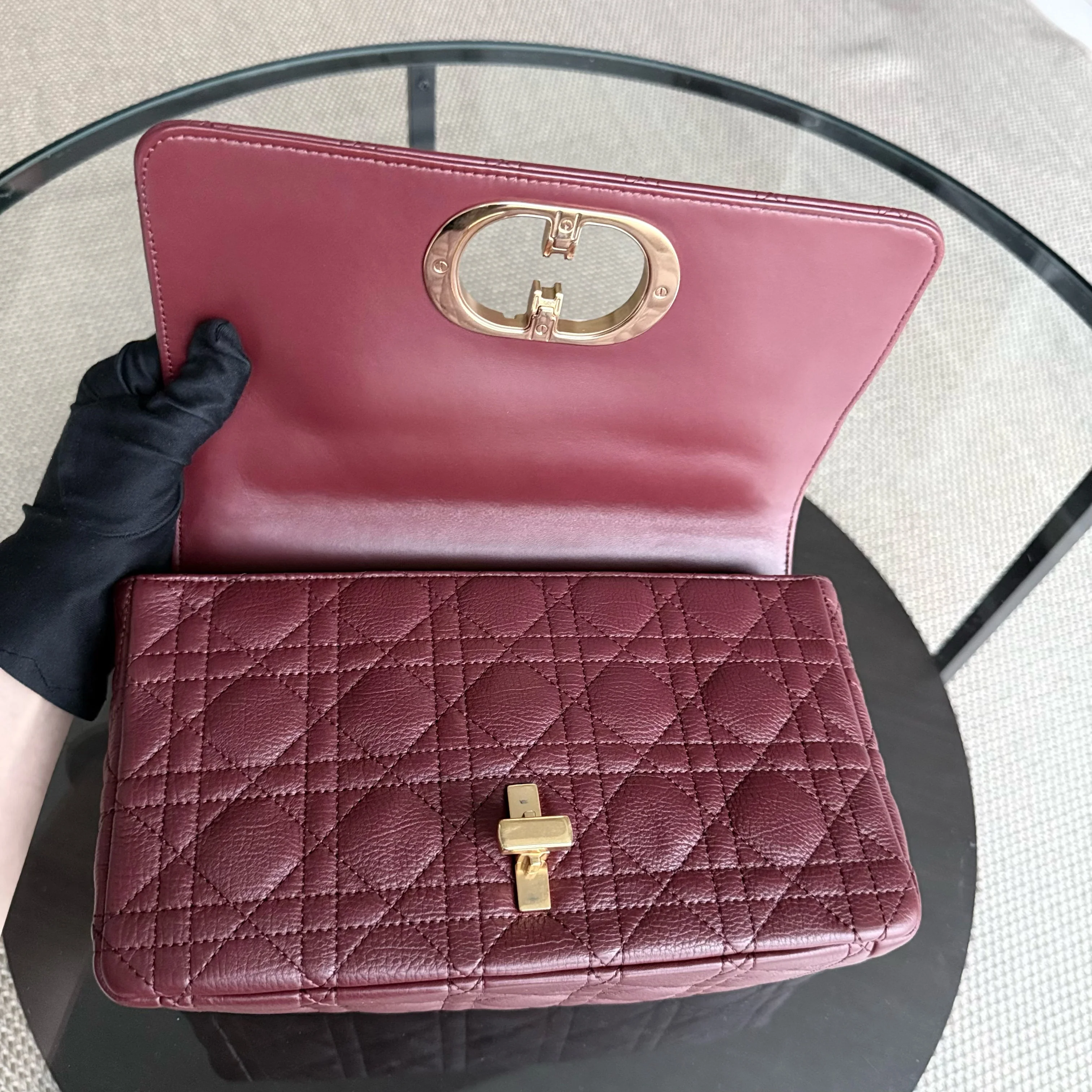 Dior Caro Medium - Cannage Calfskin Burgundy Red Gold Hardware