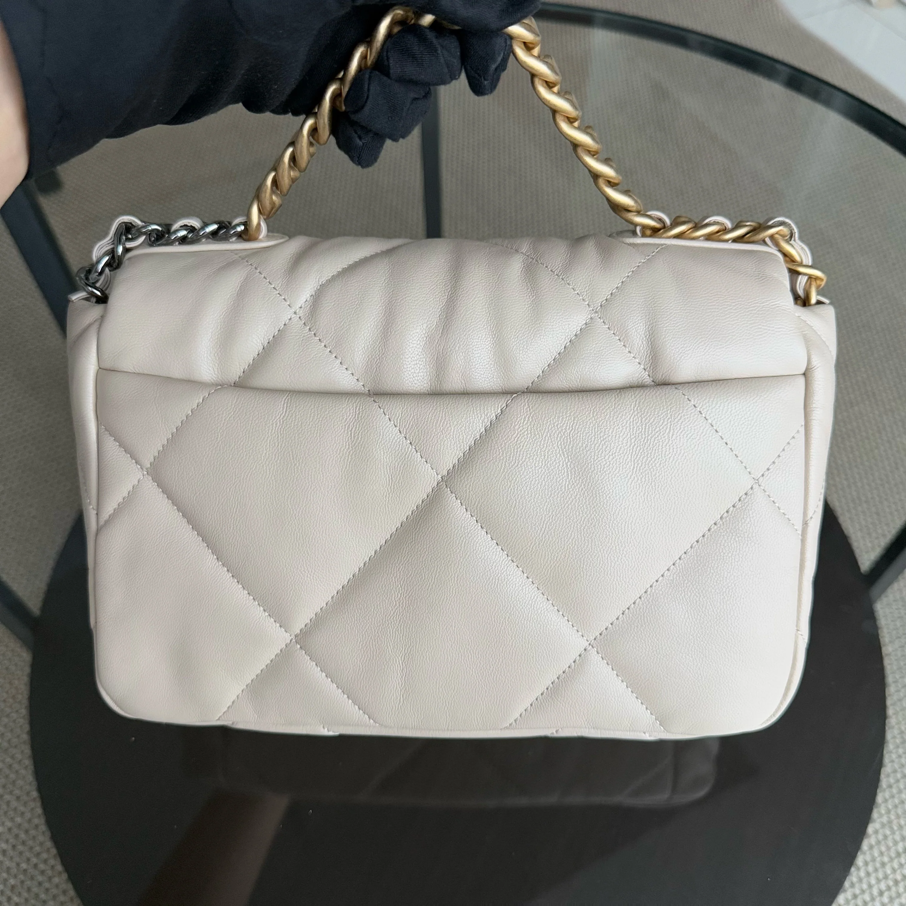 Chanel 19 Bag  Small- C19 Quilted Goatskin Light Beige Cream Two-tone Hardware Series 30