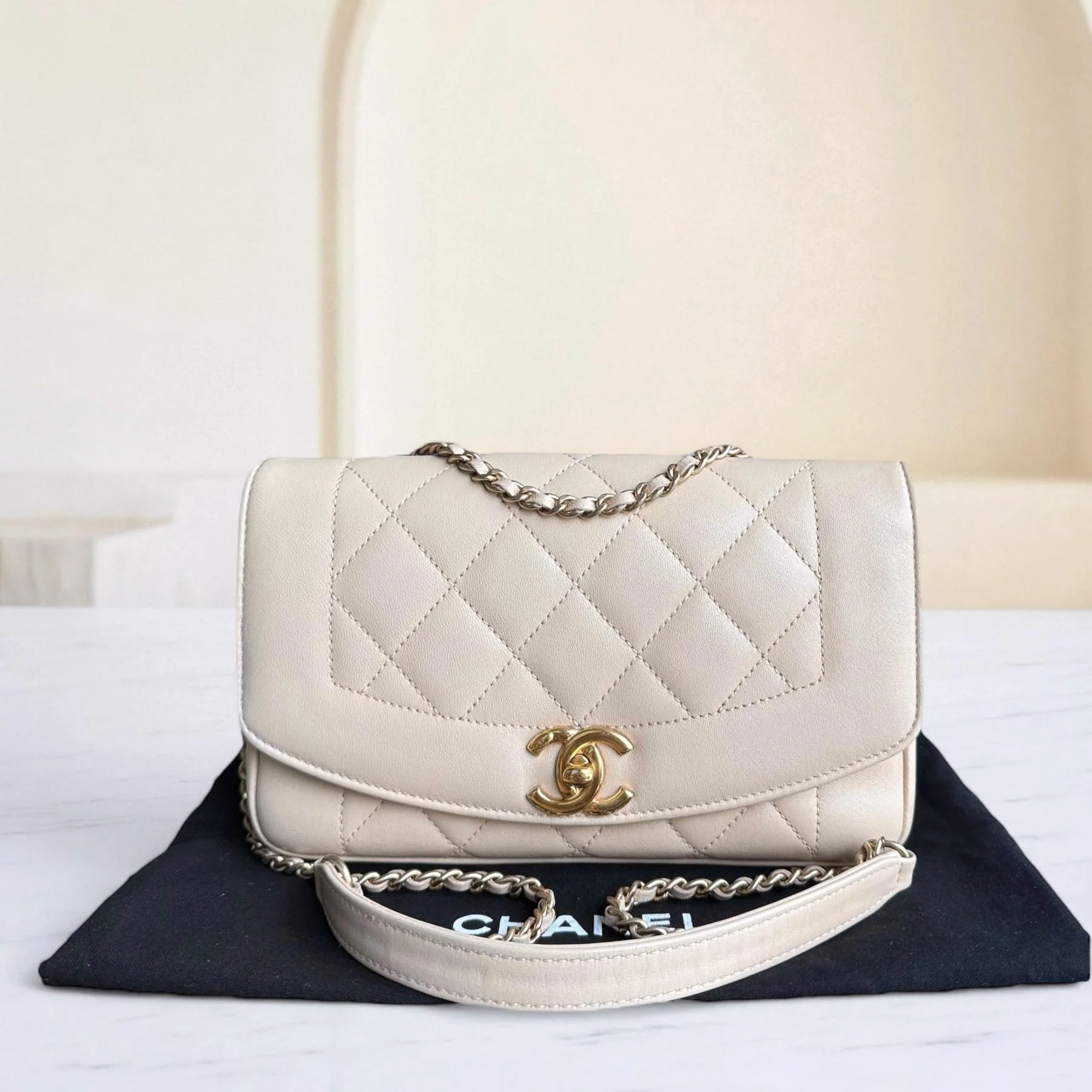 Chanel Diana Small - 22CM Quilted Lambskin Beige Gold Hardware Series 20