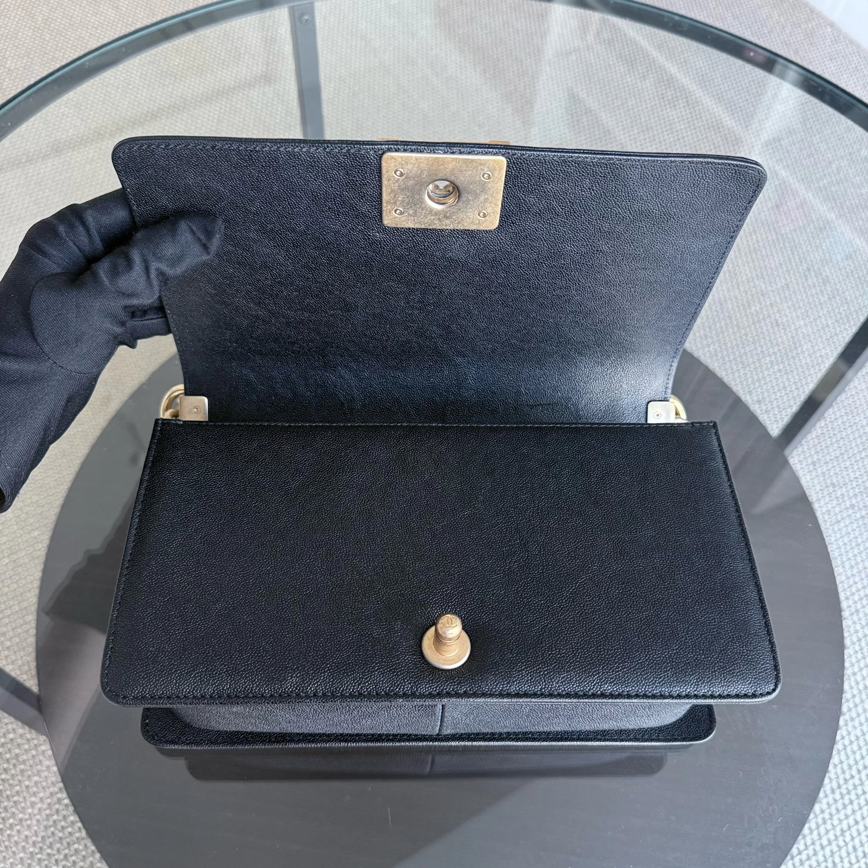 Chanel Boy Medium - Caviar 25CM Chevron Black Gold Hardware