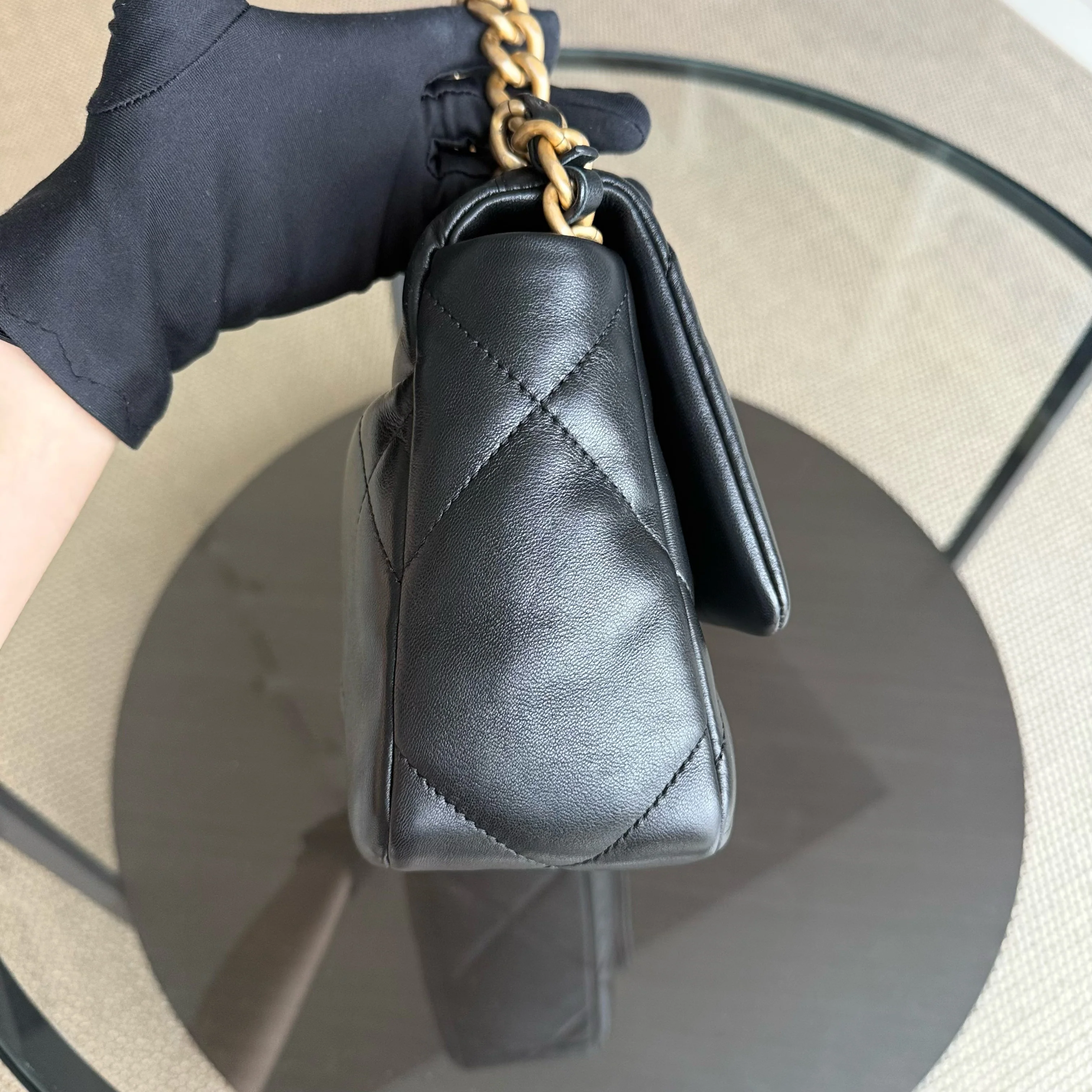 Chanel 19 Bag C19 Small - Quilted Shiny Goatskin Black Two-tone Gold Silver Hardware