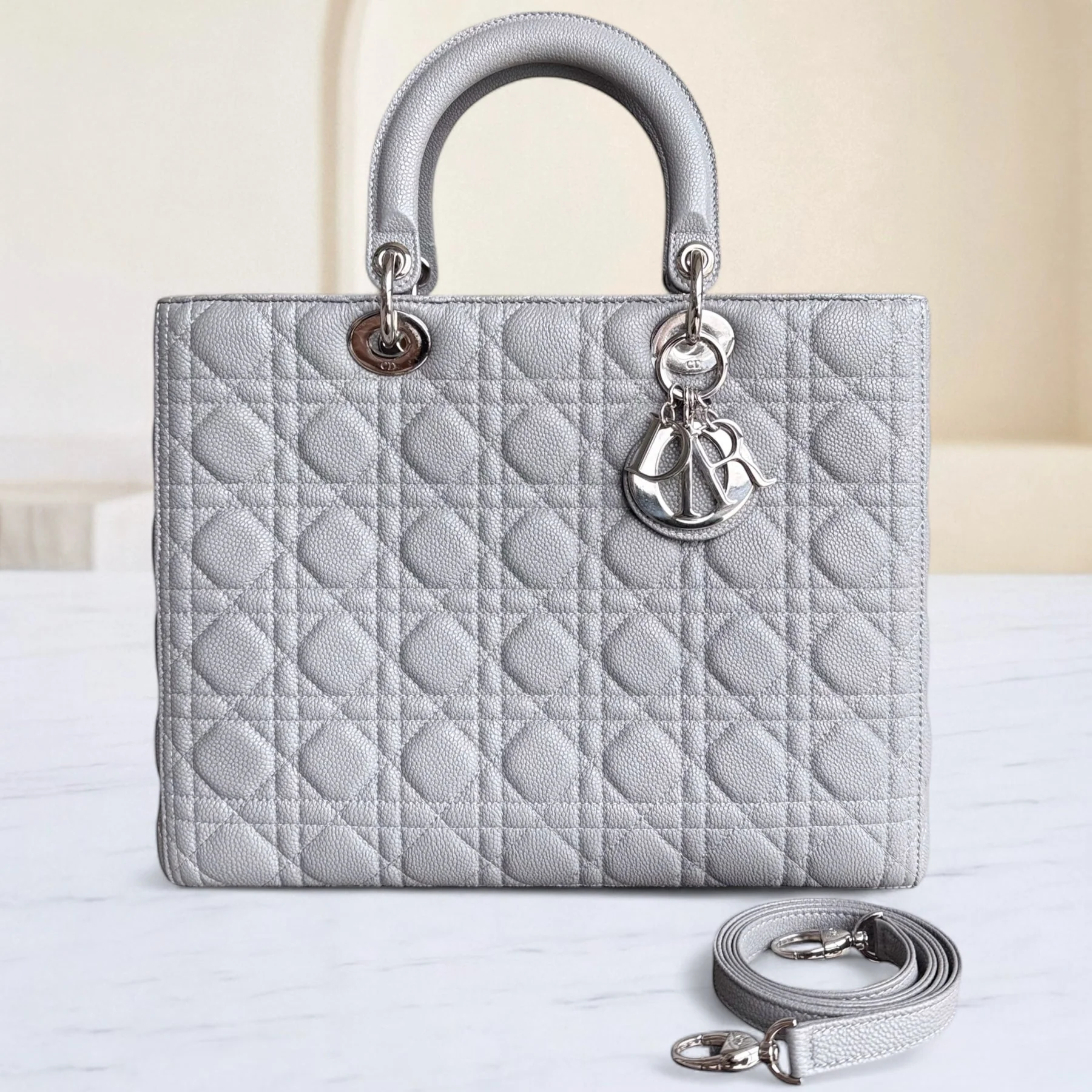 Dior Lady Large - Caviar Cannage Grained Calfskin Grey Gray Silver Hardware