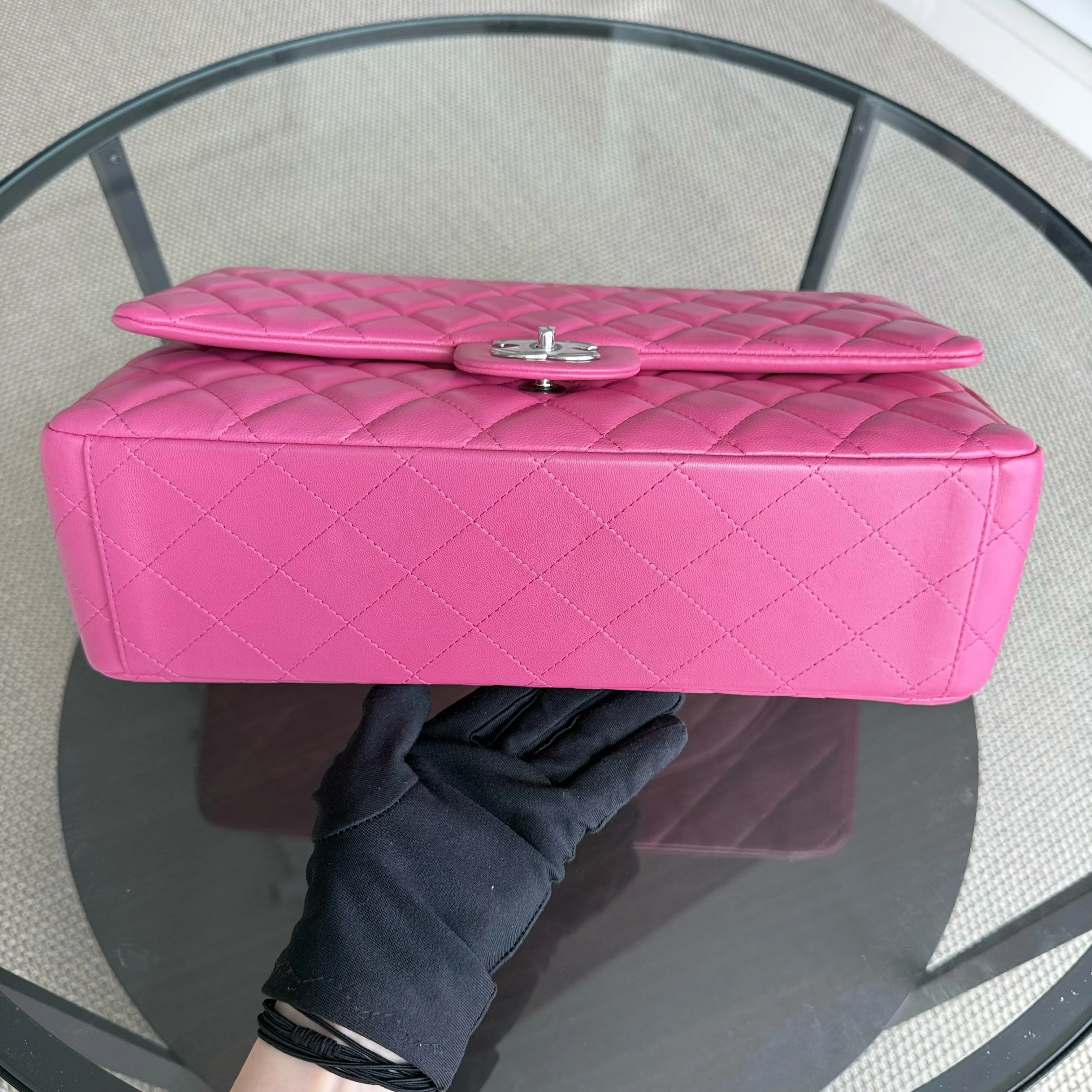 Chanel Classic Flap Maxi - Double Flap 33CM Quilted Lambskin Hot Pink Silver Hardware Series 19
