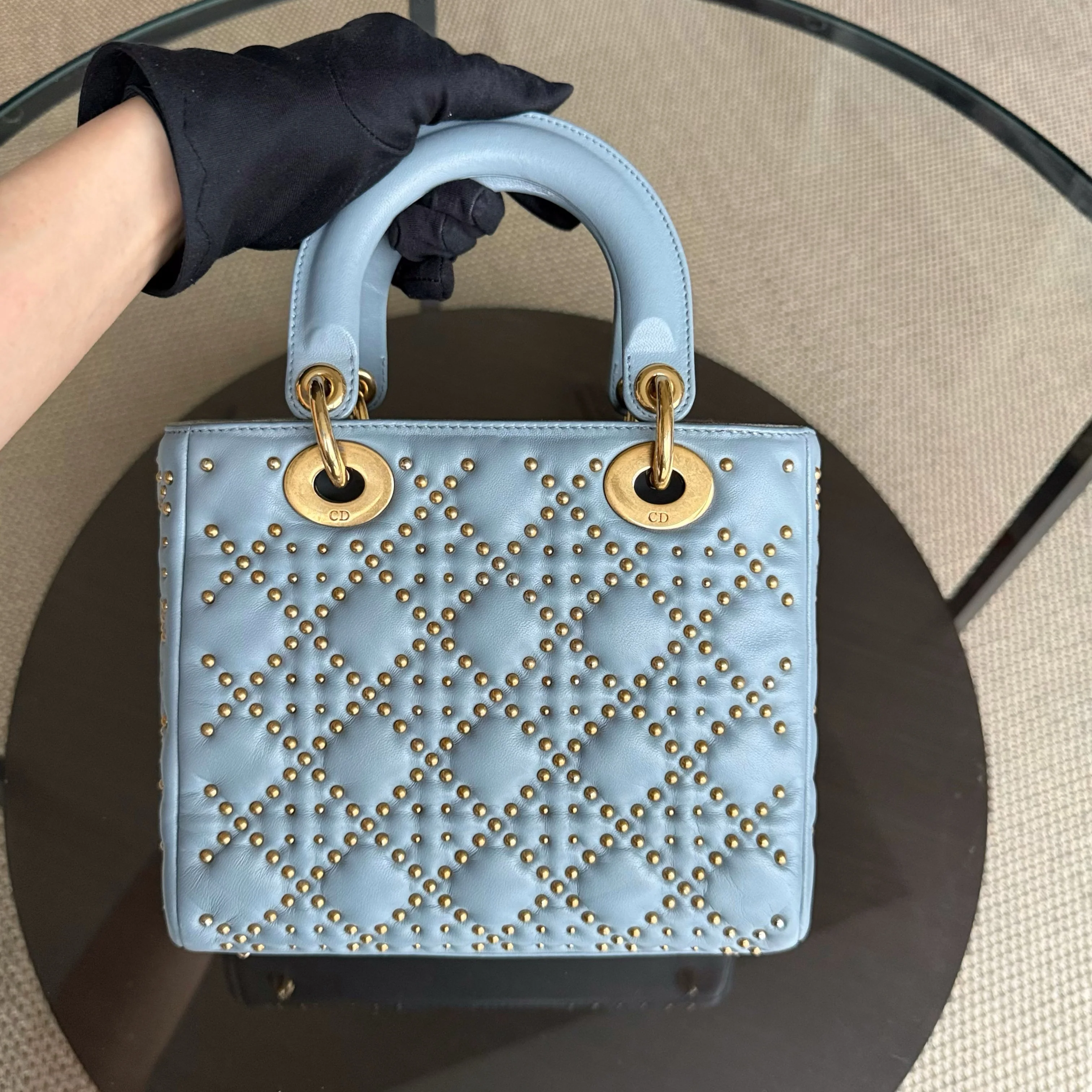 Dior Lady Small Flap - Cannage Calfskin Studded Blue Gold Hardware