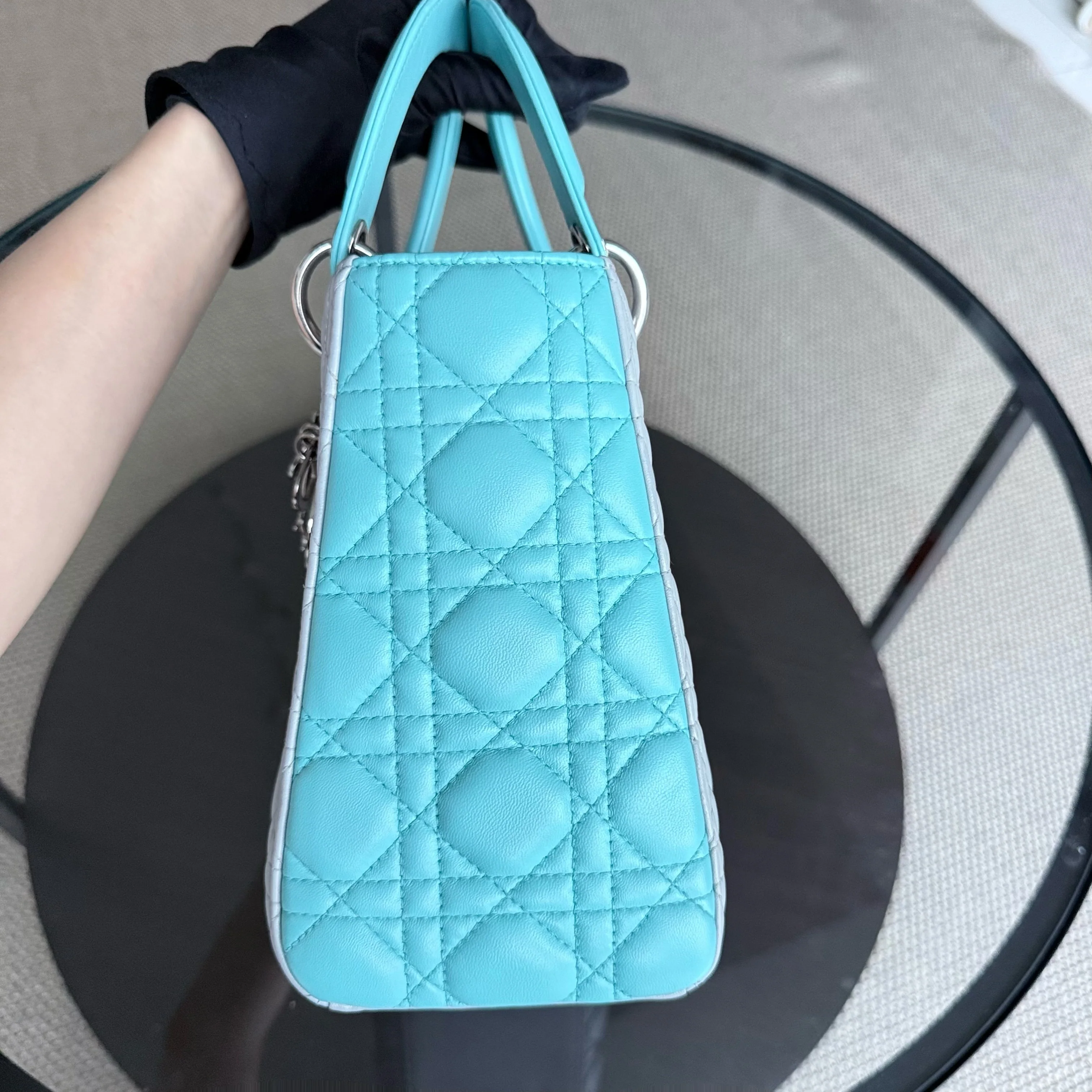 Dior Lady Medium - Cannage Lambskin Bi-Color Cyan Grey Gray Silver Hardware