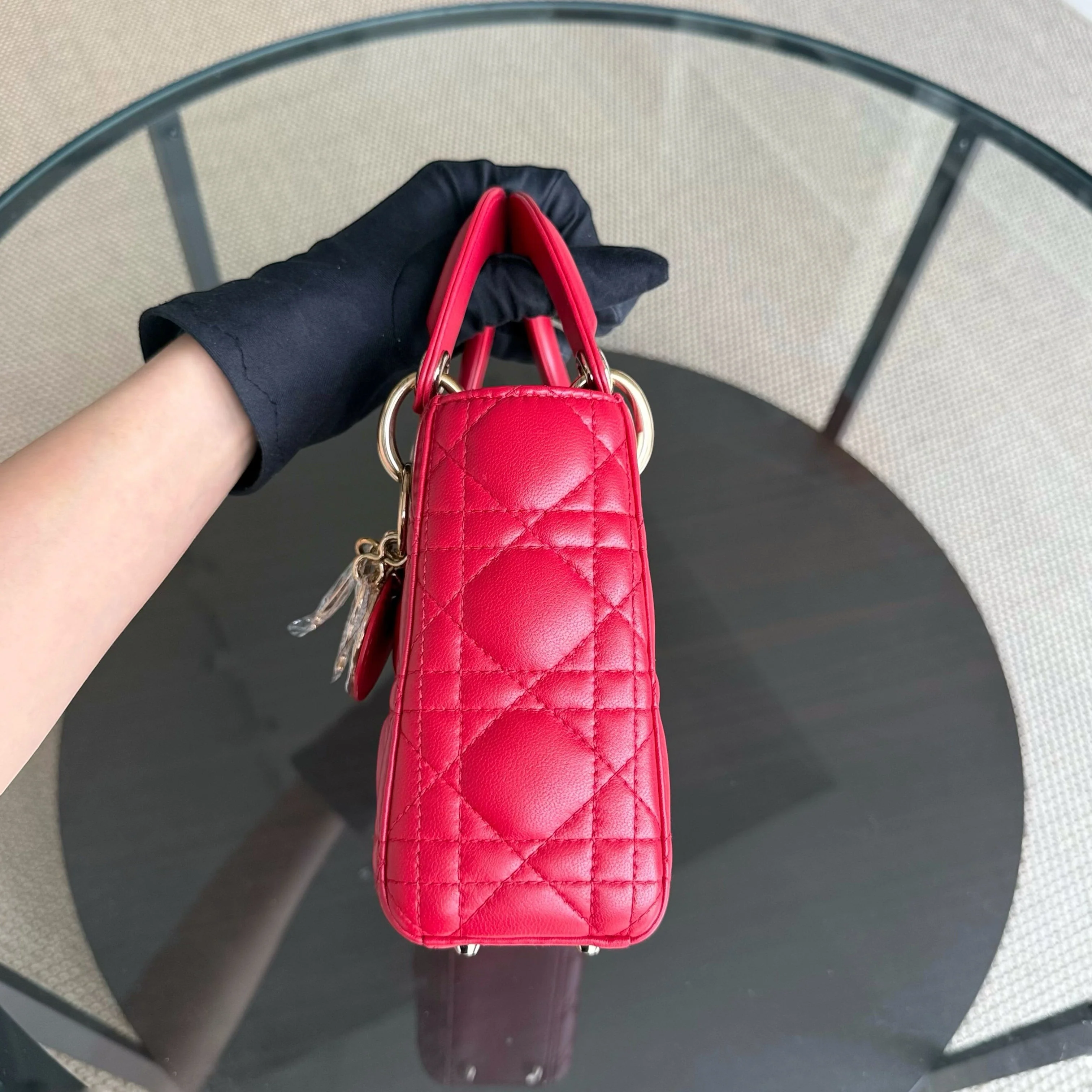 Dior Lady Mini - Cannage Lambskin Red Gold Hardware Adjustable Strap
