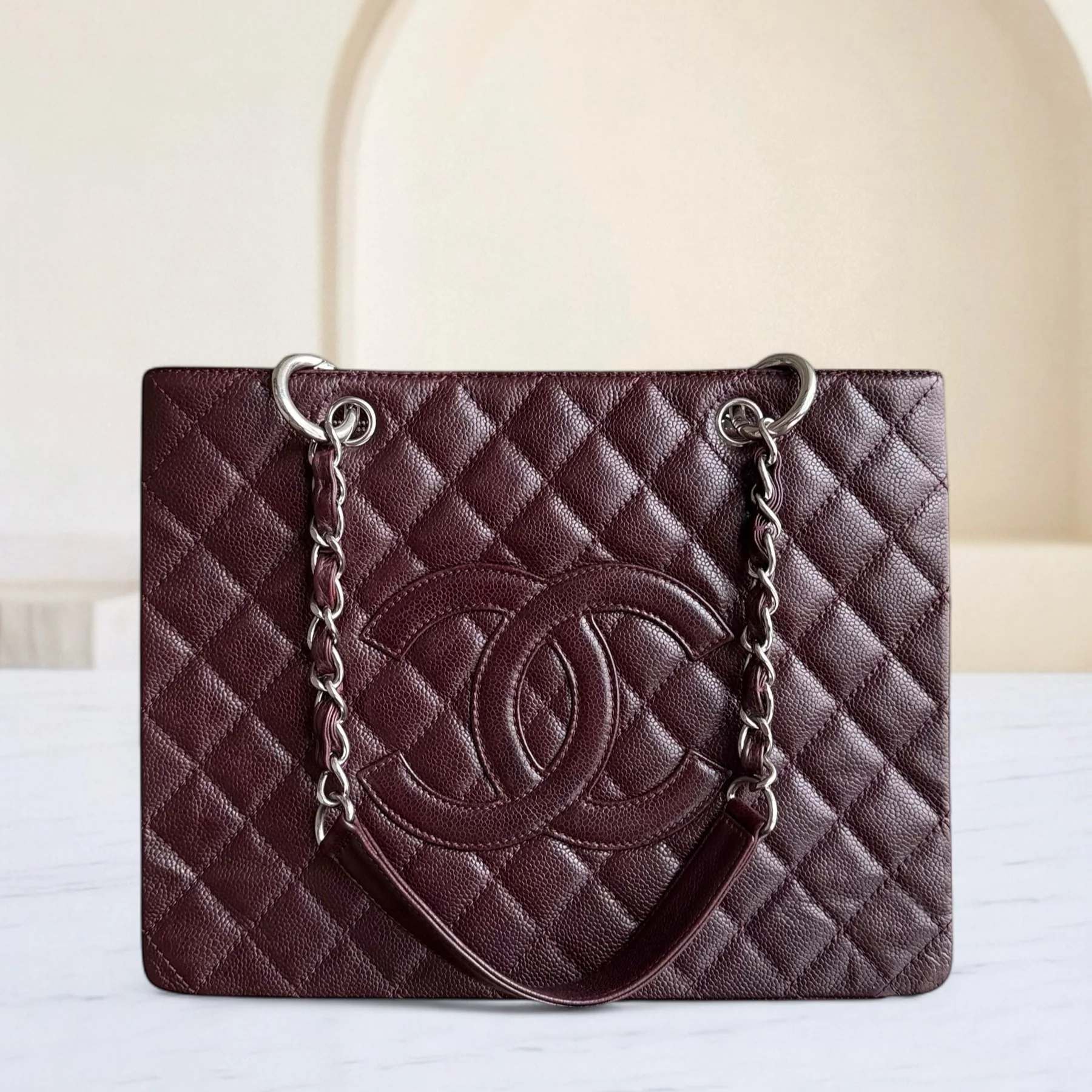 Chanel GST Grand Shopping Tote  - Caviar Quilted Burgundy Grained Calfskin Silver Hardware Series 11