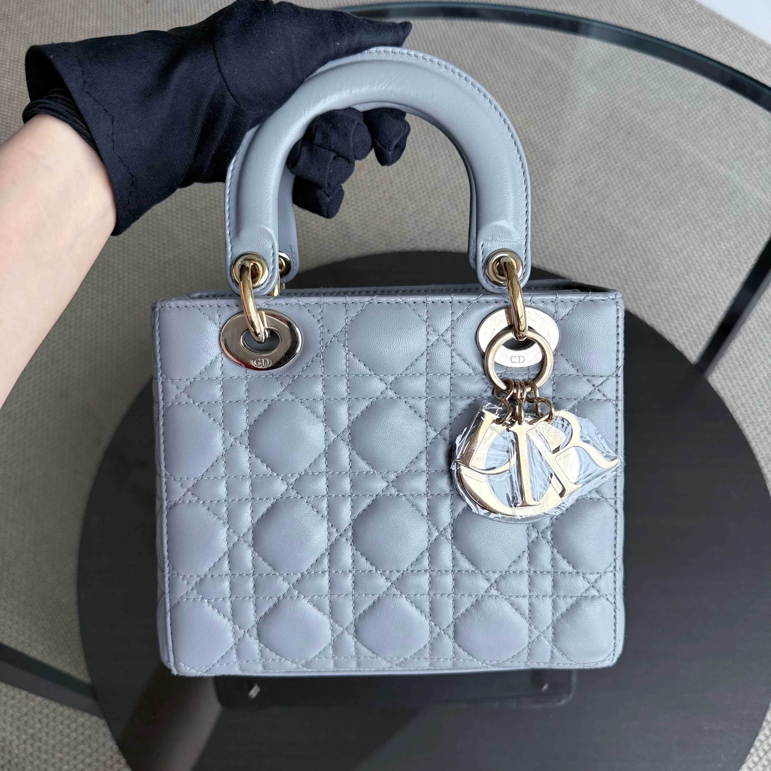 Dior Lady Small - Cannage Lambskin Light Grey Gray Gold Hardware