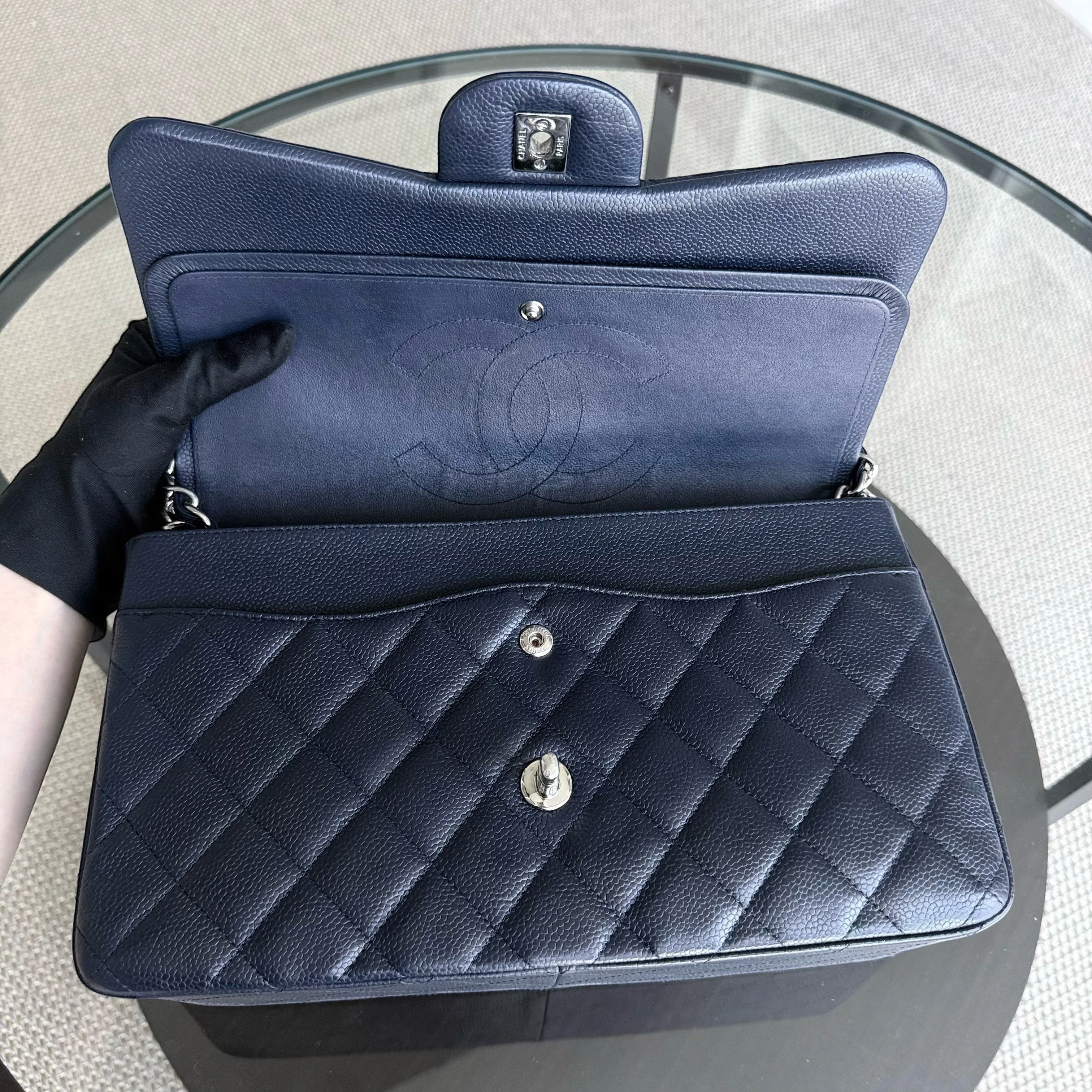 Chanel Classic Flap Jumbo - Caviar Double Flap 30CM Quilted Grained Calfskin Dark Navy Blue Silver Hardware