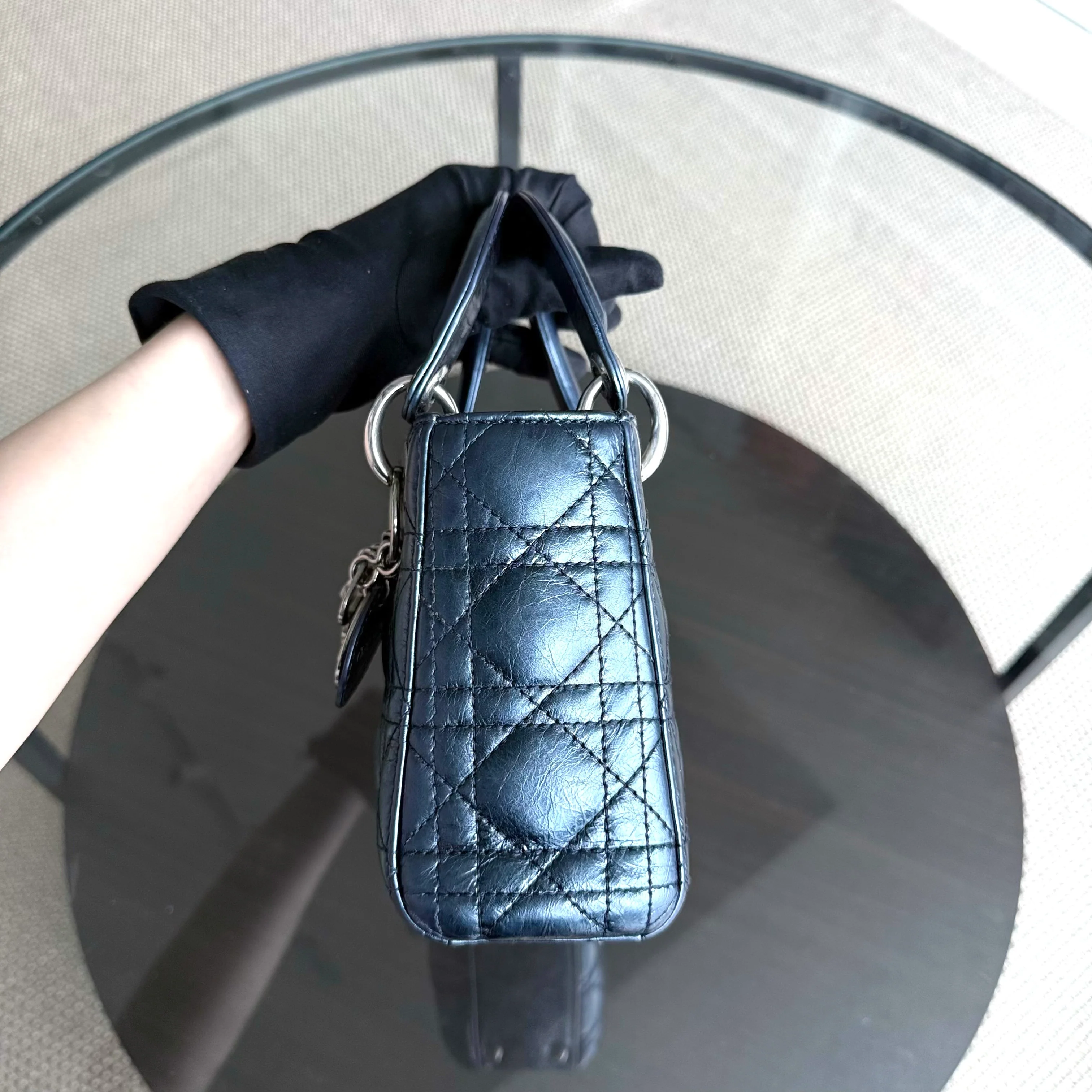 Dior Lady Mini - Cannage Glazed Calfskin Metallic Blue Silver Hardware