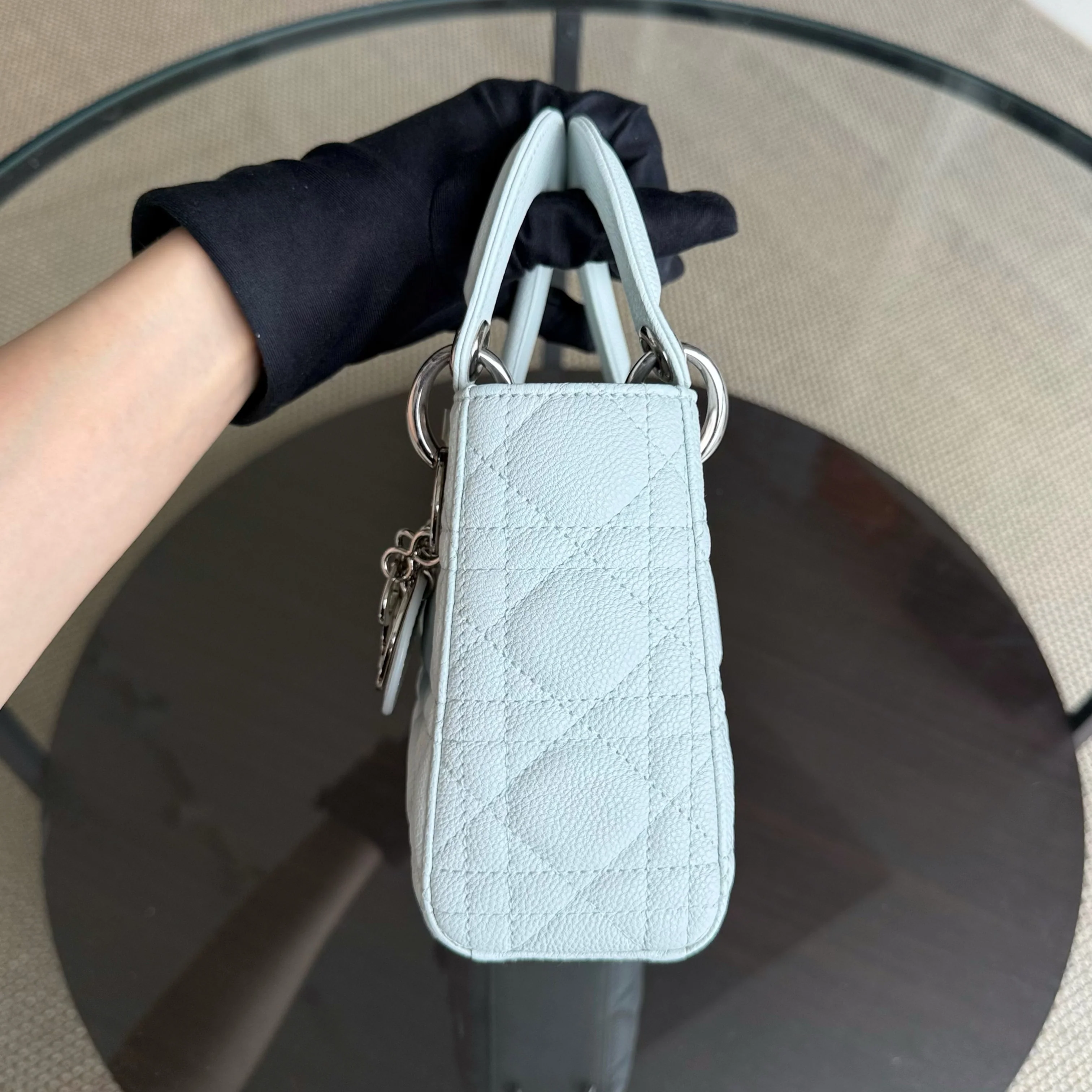 Dior Lady Mini - Grained Calfskin Cannage Glacier White Silver Hardware