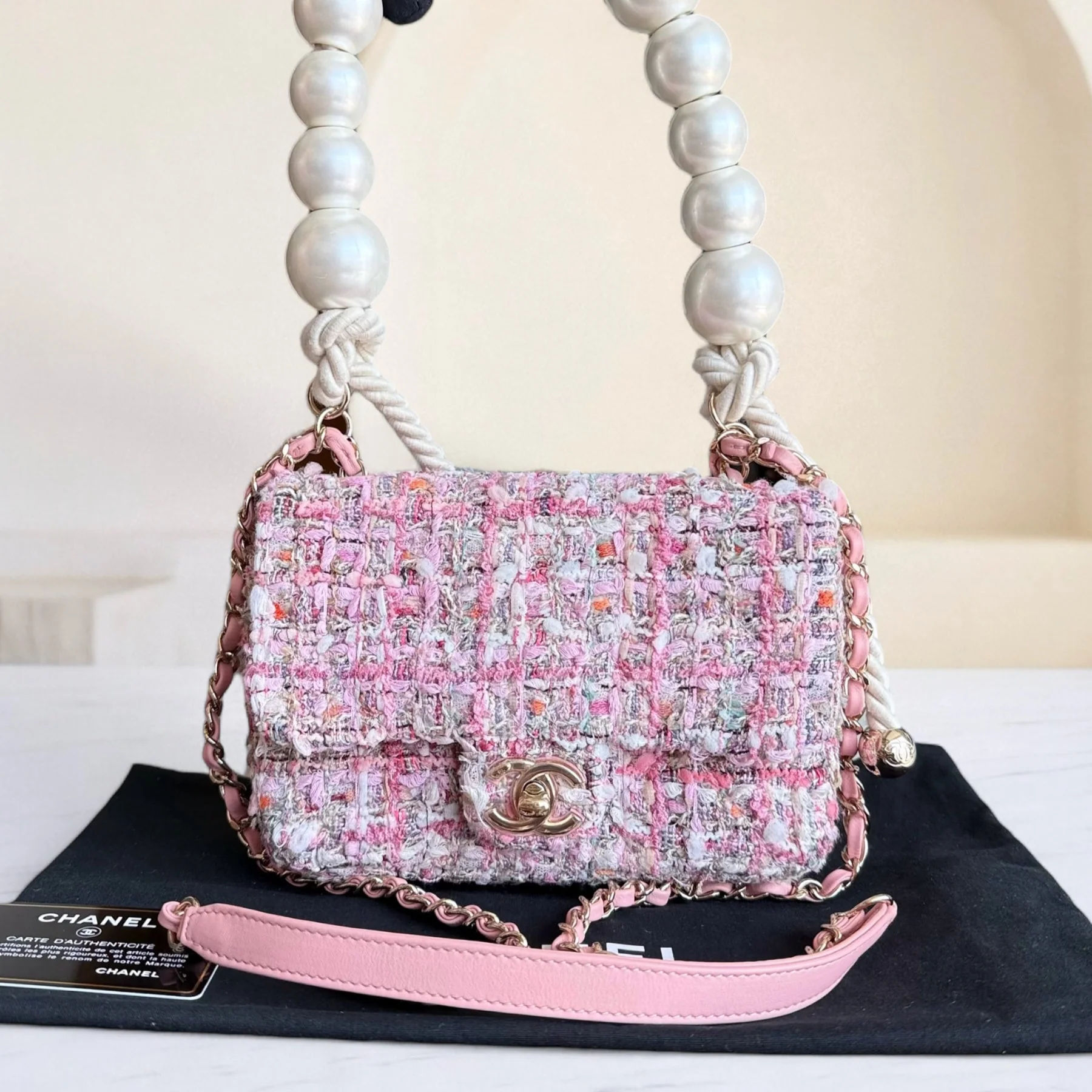 Chanel Classic Flap Mini Square Pearl Tweed - 20CM Pink Gold Hardware Series 27