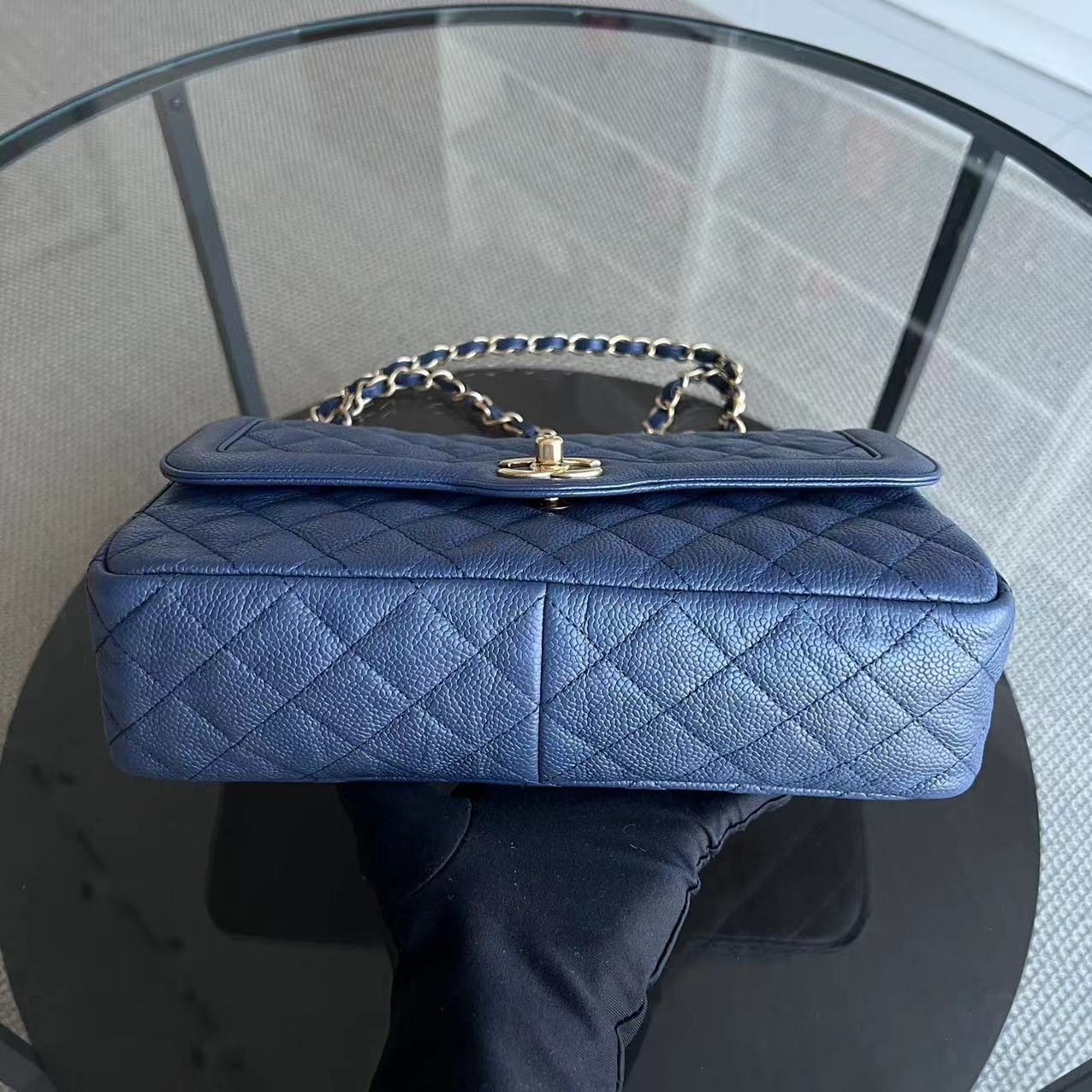 Crumpled Two Tone Flap Grained Calfskin Navy Blue Golden Hardware Series 21