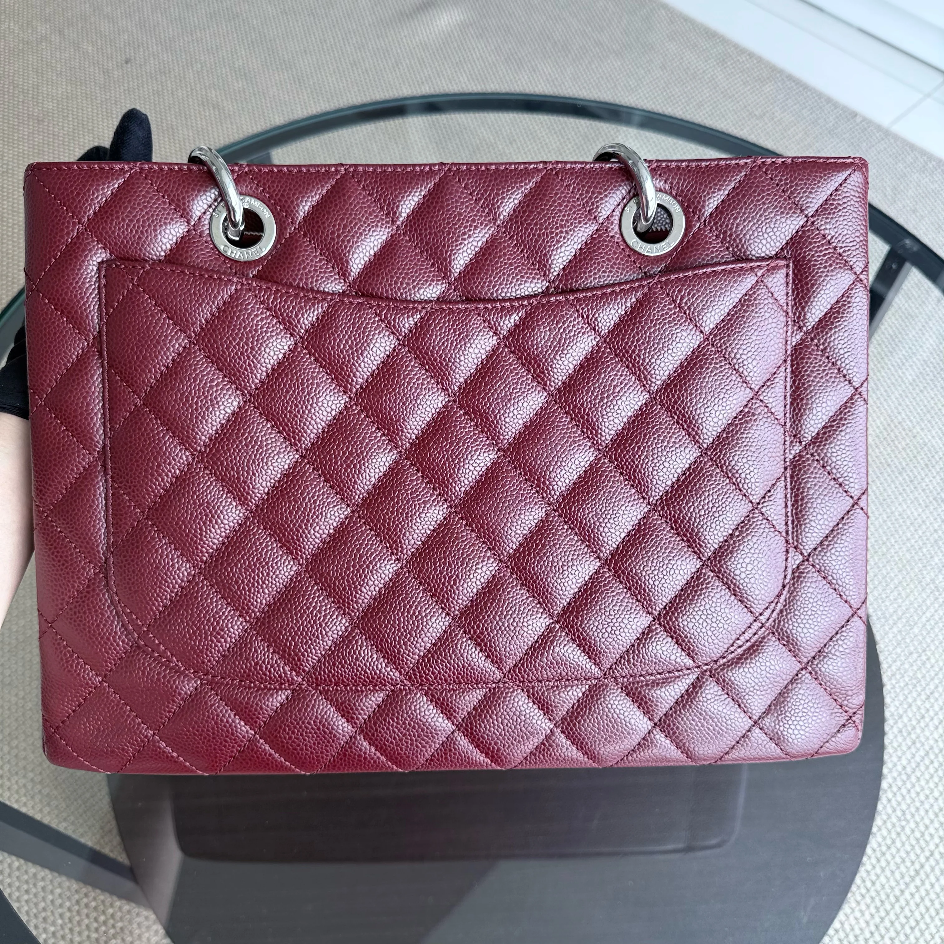 Chanel GST Grand Shopping Tote - Burgundy Caviar Quilted Silver Hardware Series 18