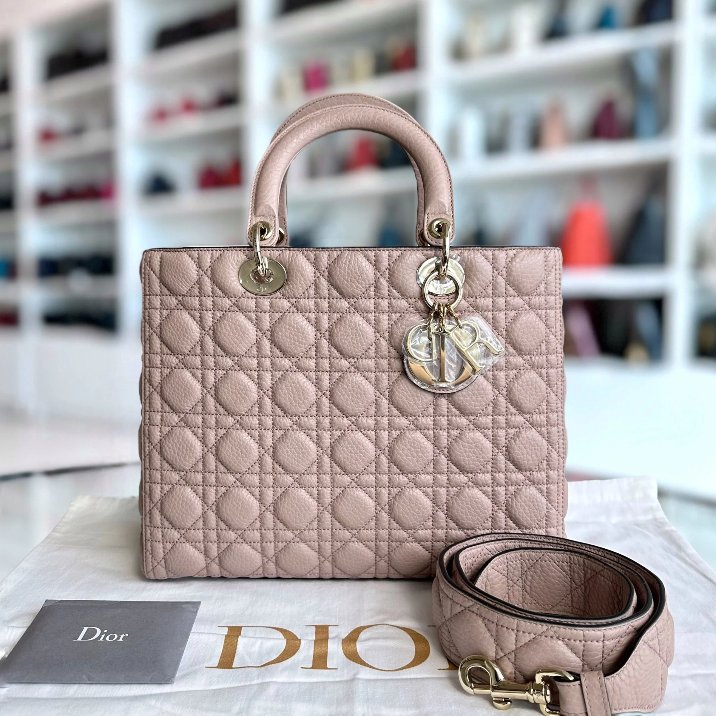 *Flap, Grained Calfskin* Dior Lady Large Grained Calfskin Nude Pink Blush LGHW - Best Luxury Designers