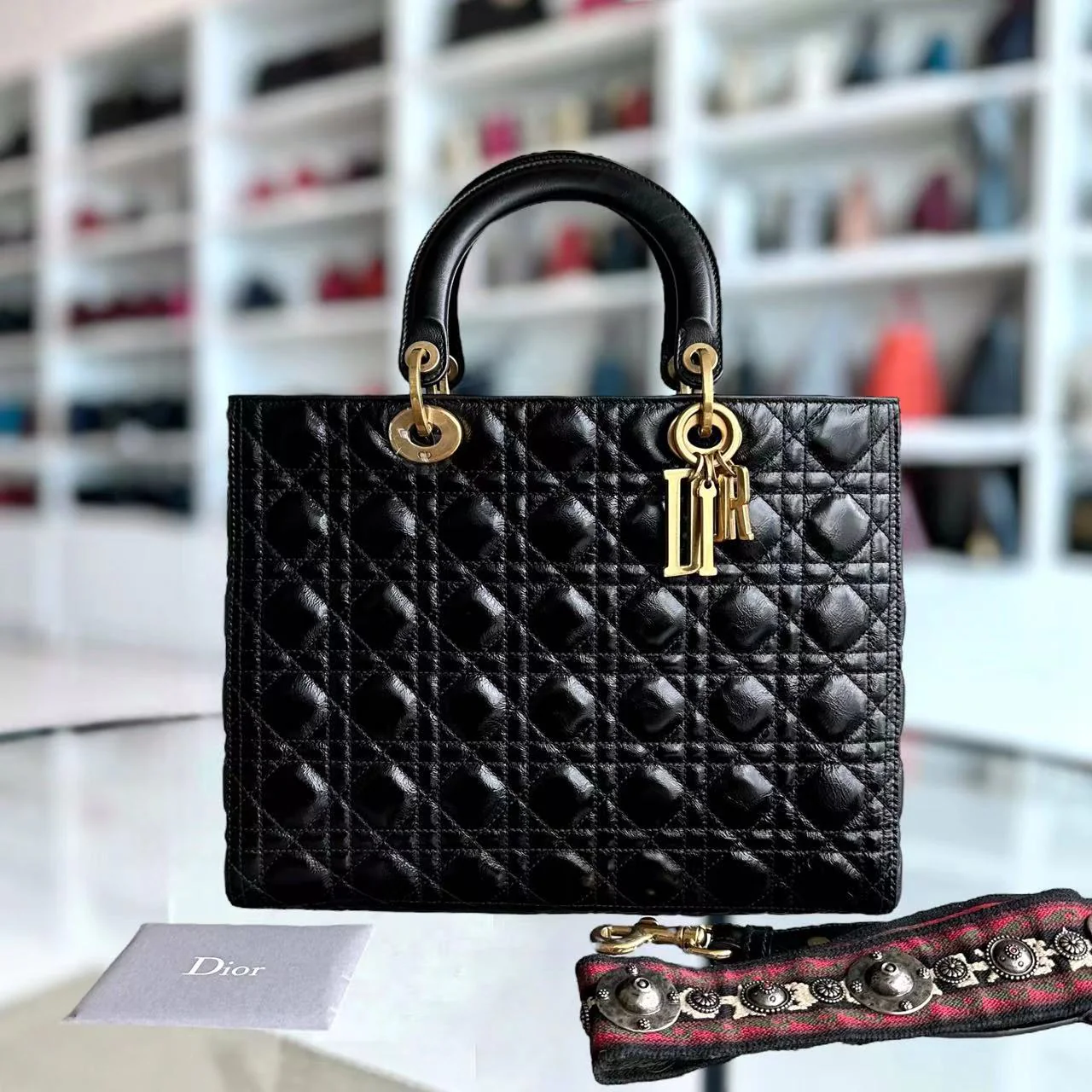 *Flap Version* Dior Lady Large Glazed Calfskin Black Golden Hardware With Strap - Best Luxury Designers