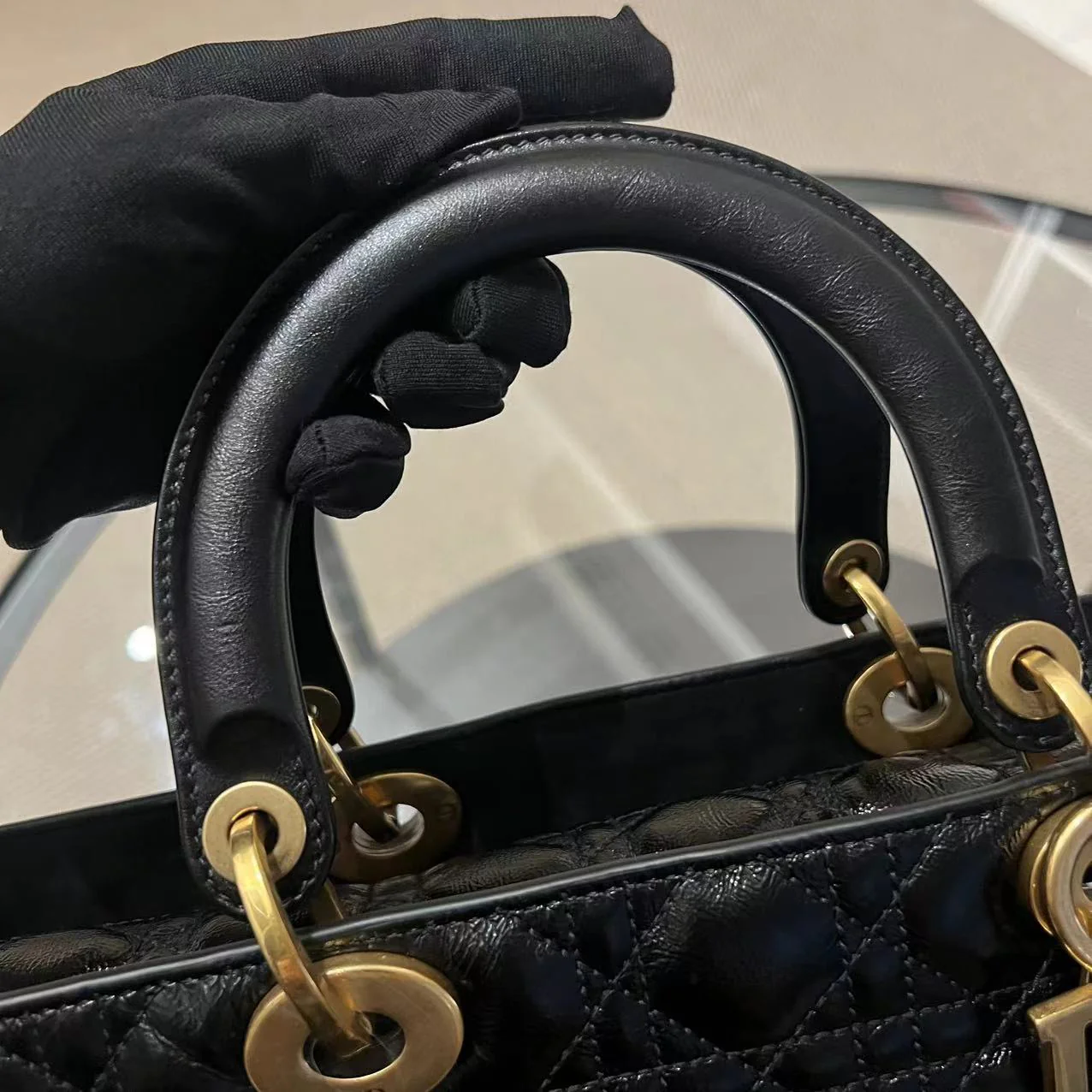 *Flap Version* Dior Lady Large Glazed Calfskin Black Golden Hardware With Strap - Best Luxury Designers