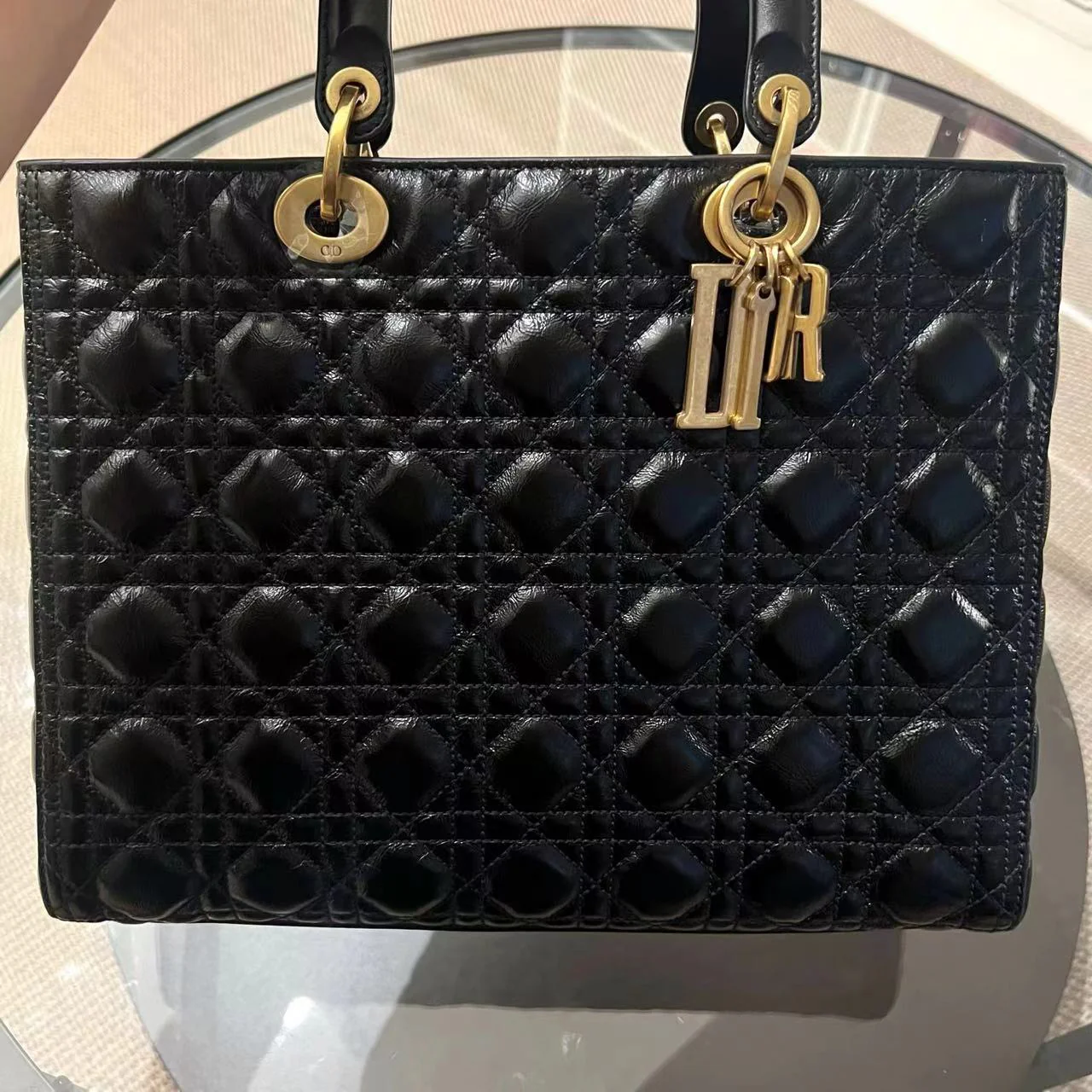 *Flap Version* Dior Lady Large Glazed Calfskin Black Golden Hardware With Strap - Best Luxury Designers