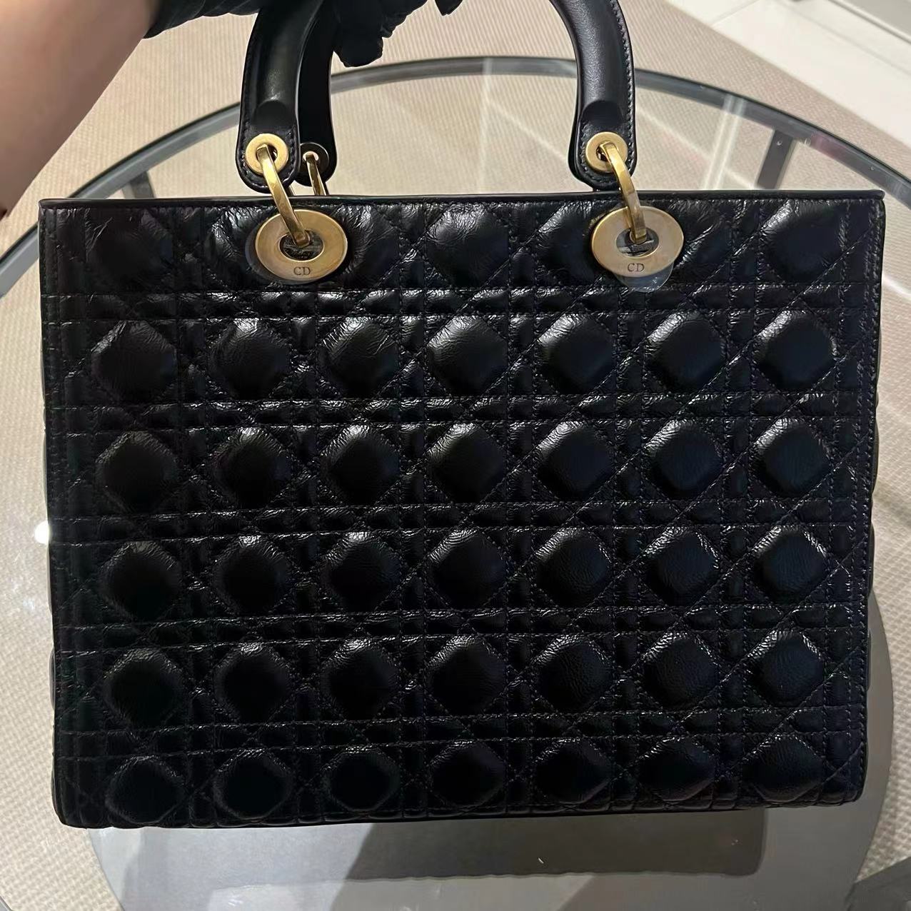 *Flap Version* Dior Lady Large Glazed Calfskin Black Golden Hardware With Strap - Best Luxury Designers