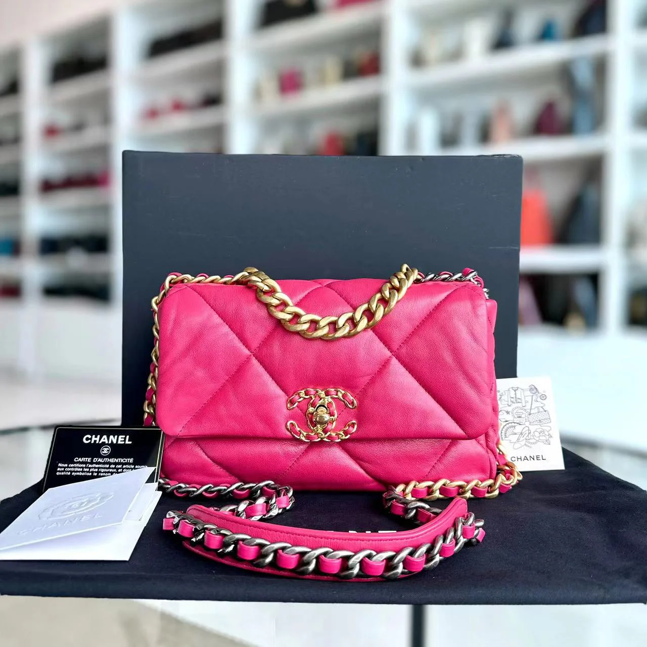 *Full Set, Receipt* Chanel 19bag C19 Goatskin Quilted Small Hot Pink Two-tone Hardware Series 29 - Best Luxury Designers