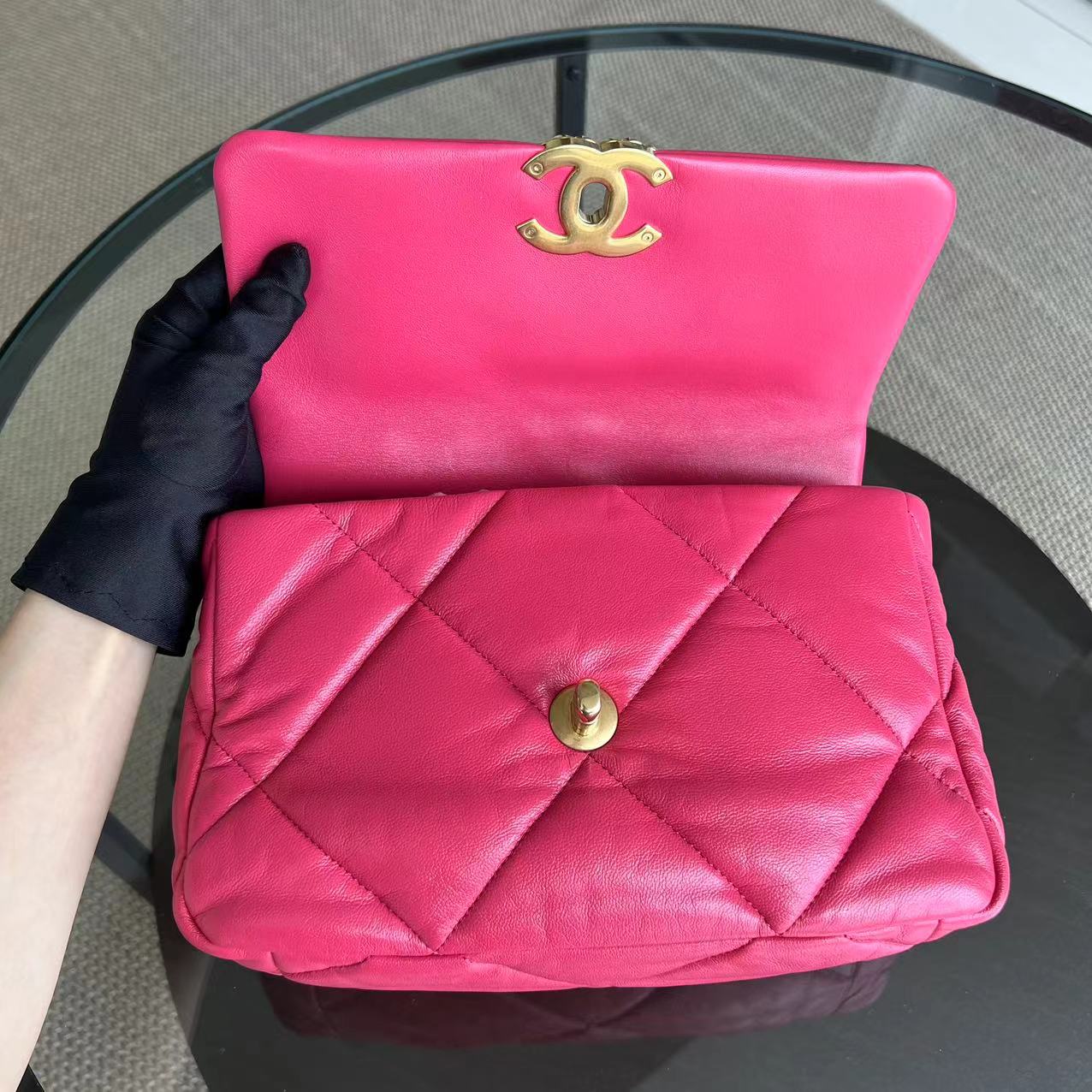 *Full Set, Receipt* Chanel 19bag C19 Goatskin Quilted Small Hot Pink Two-tone Hardware Series 29 - Best Luxury Designers