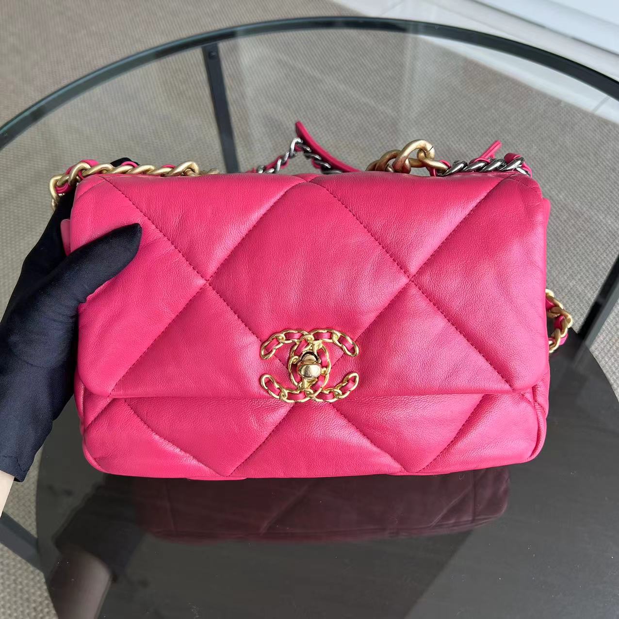 *Full Set, Receipt* Chanel 19bag C19 Goatskin Quilted Small Hot Pink Two-tone Hardware Series 29 - Best Luxury Designers