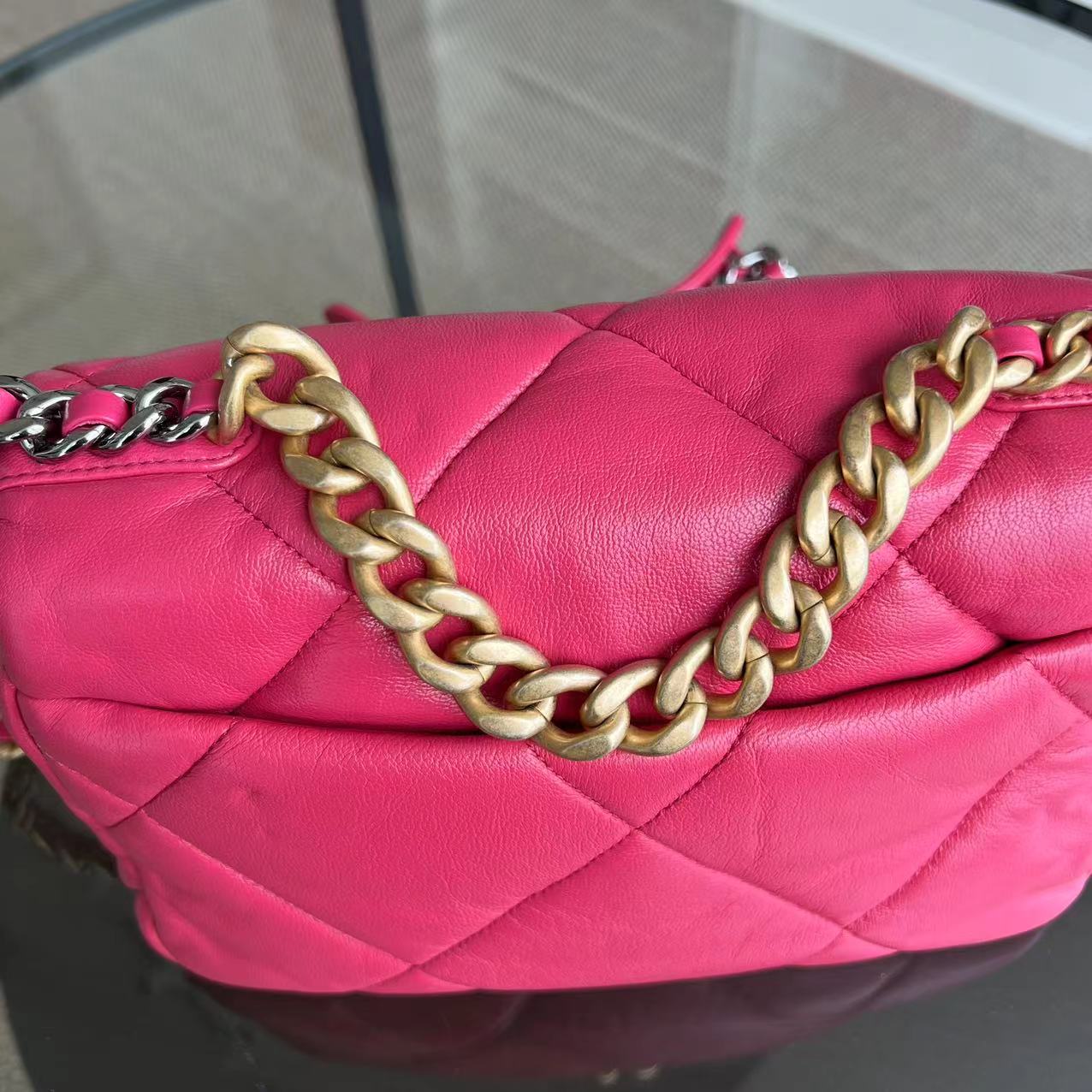 *Full Set, Receipt* Chanel 19bag C19 Goatskin Quilted Small Hot Pink Two-tone Hardware Series 29 - Best Luxury Designers