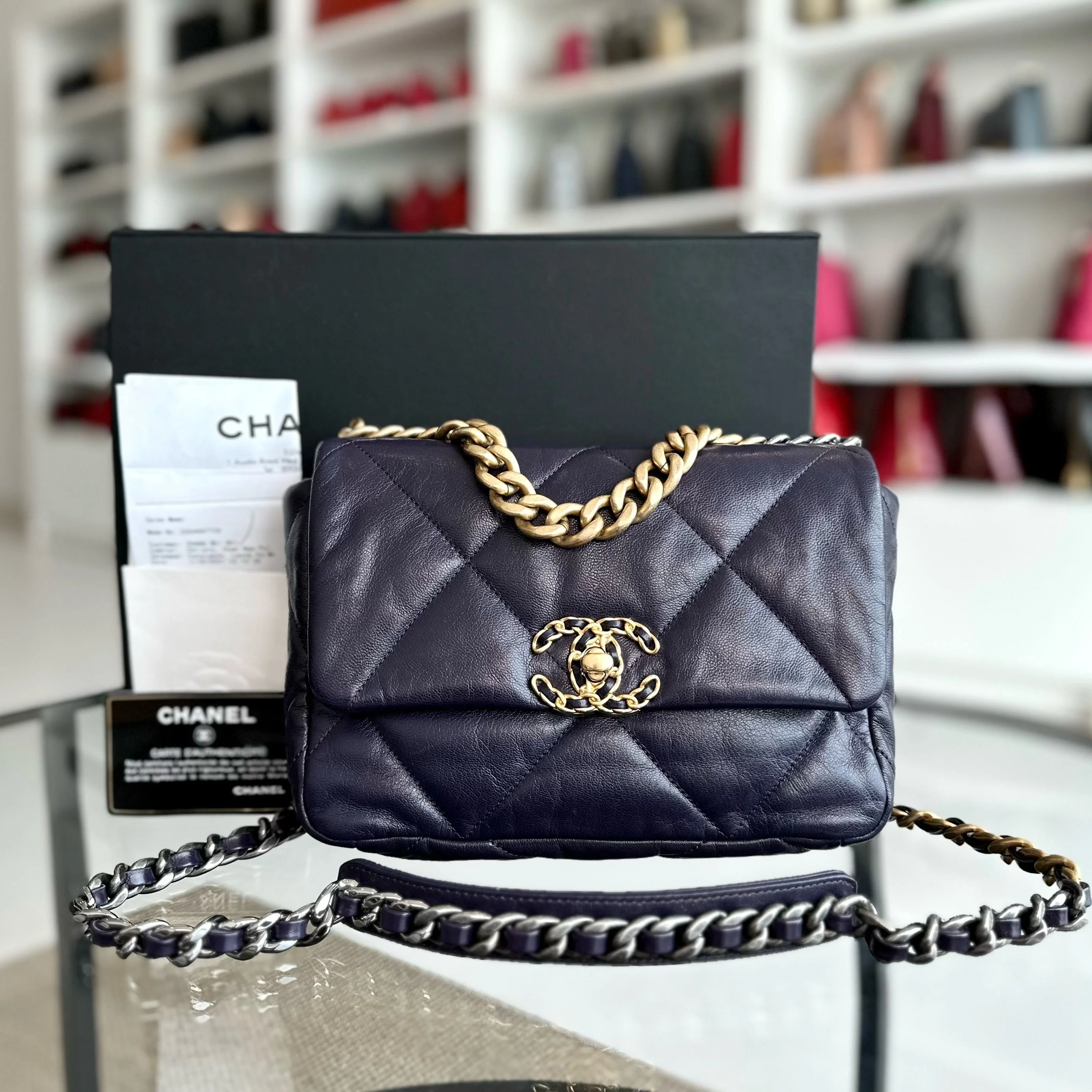 *Full Set, Receipt* Chanel C19 Small 19 Bag Goatskin Dark Purple 3-Tone 19Bag GHW No 30 - Best Luxury Designers