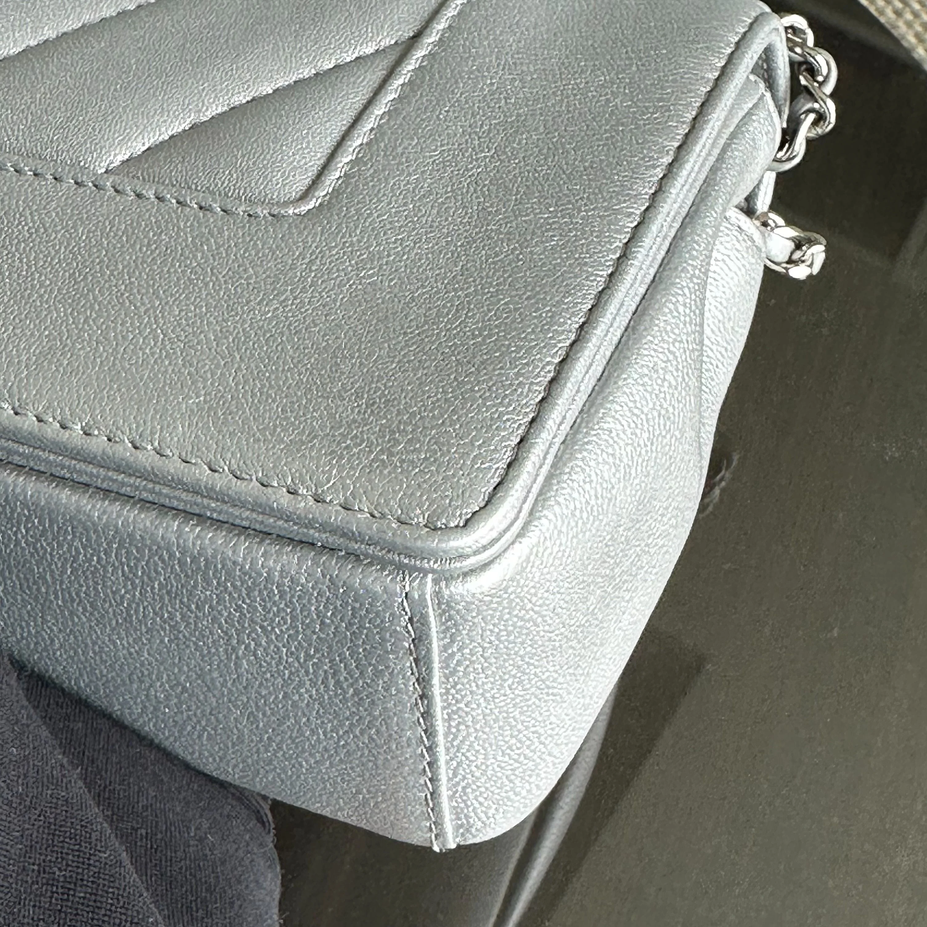 *Full Set, Receipt* Chanel Mademoiselle Small Seasonal Double Flap Chevron Calfskin Silver No 24 - Best Luxury Designers