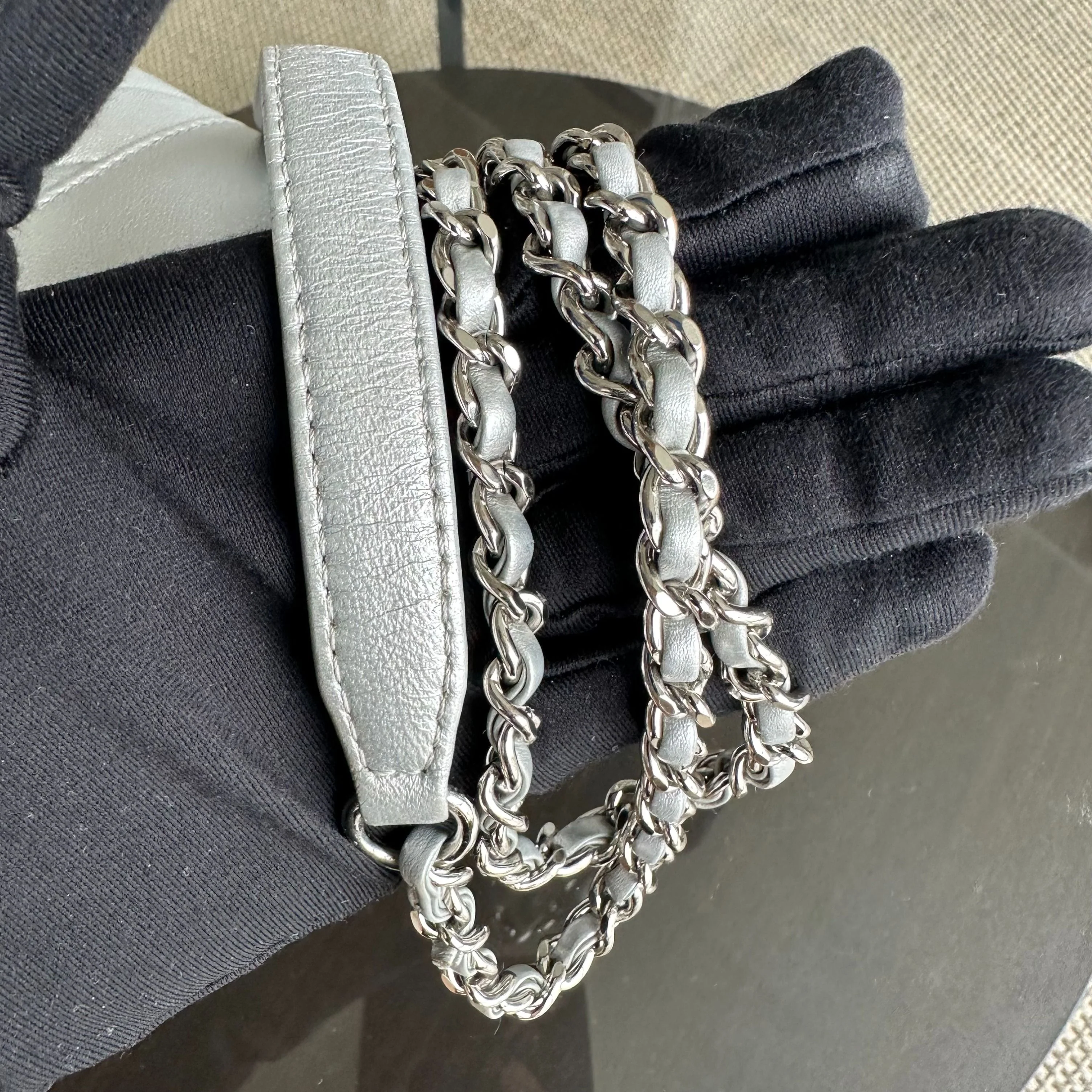 *Full Set, Receipt* Chanel Mademoiselle Small Seasonal Double Flap Chevron Calfskin Silver No 24 - Best Luxury Designers