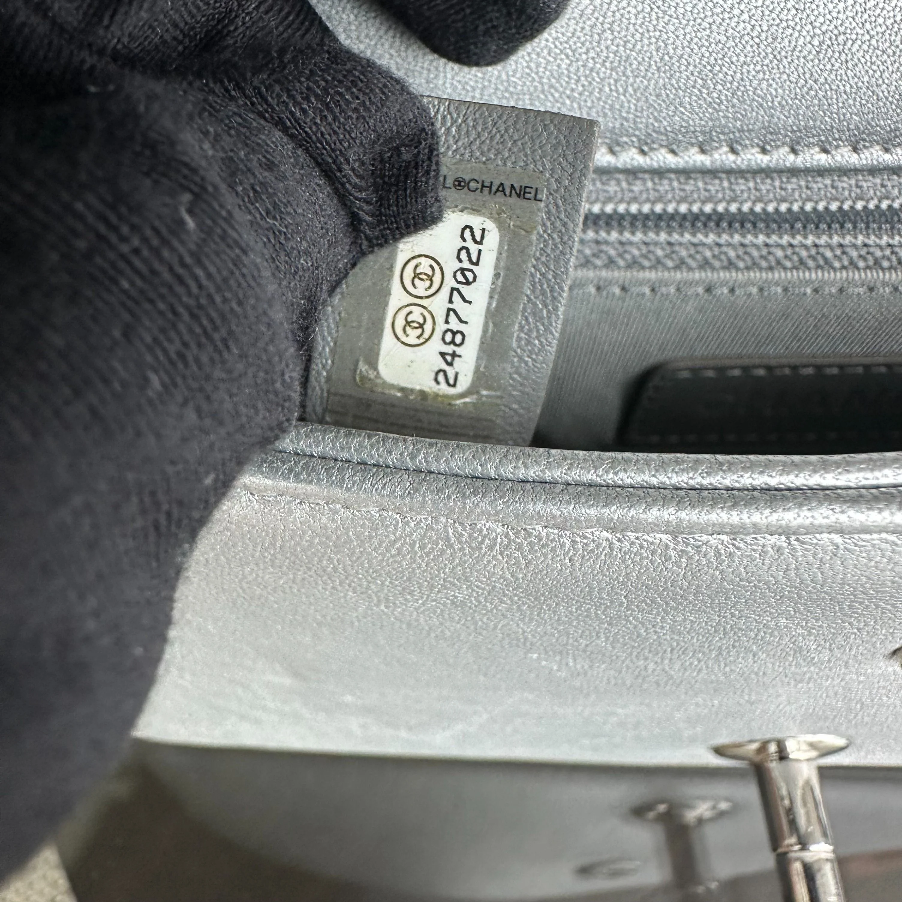 *Full Set, Receipt* Chanel Mademoiselle Small Seasonal Double Flap Chevron Calfskin Silver No 24 - Best Luxury Designers