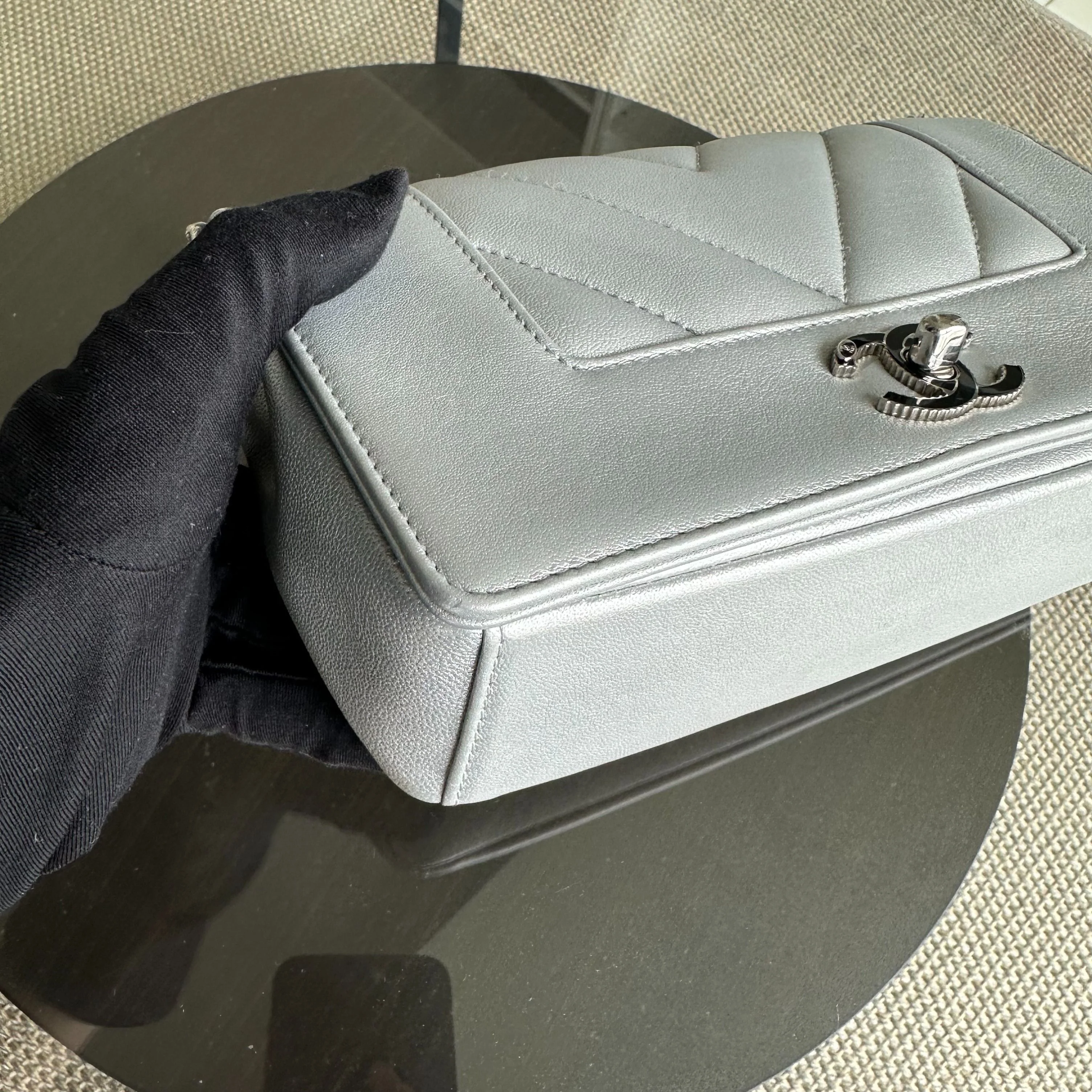 *Full Set, Receipt* Chanel Mademoiselle Small Seasonal Double Flap Chevron Calfskin Silver No 24 - Best Luxury Designers