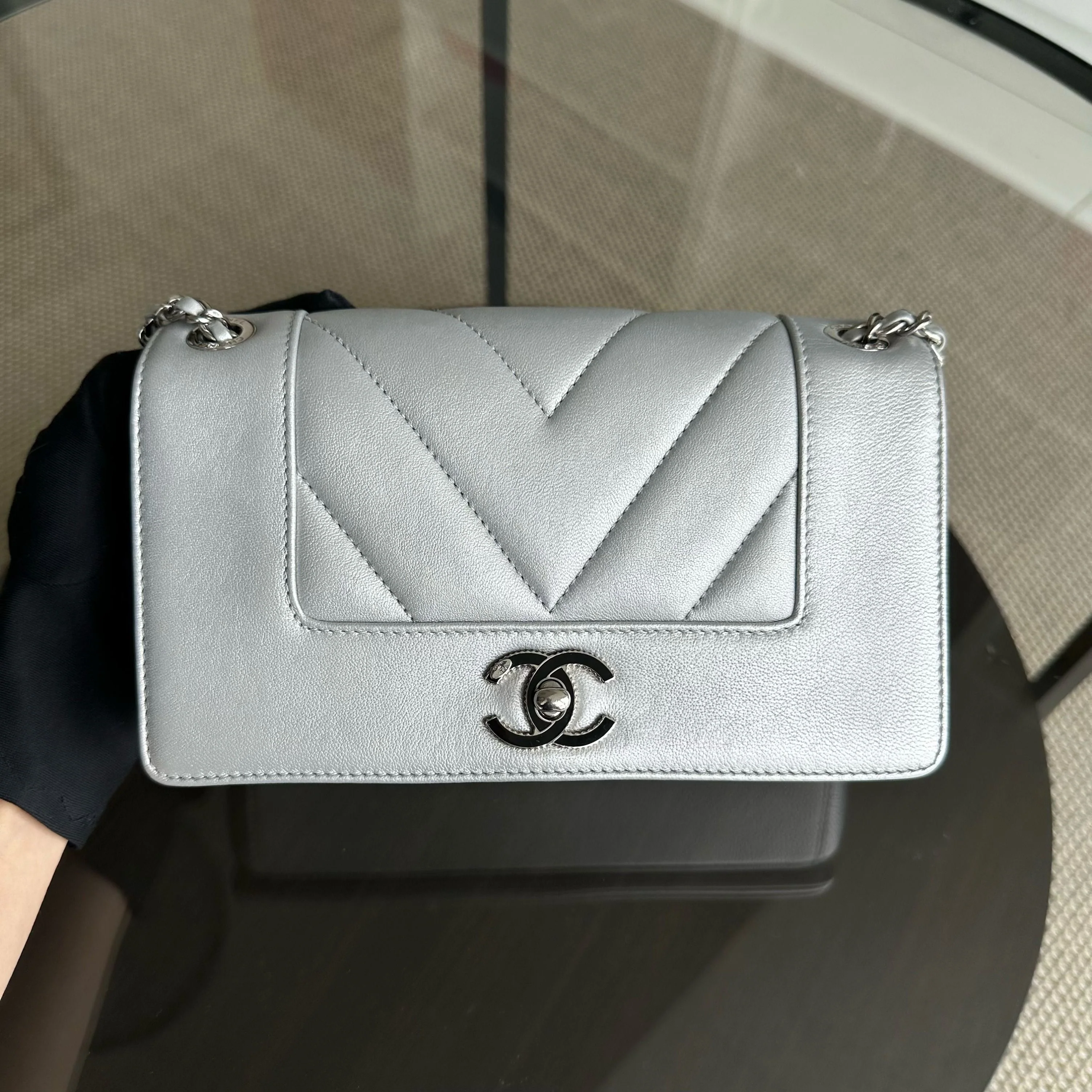 *Full Set, Receipt* Chanel Mademoiselle Small Seasonal Double Flap Chevron Calfskin Silver No 24 - Best Luxury Designers