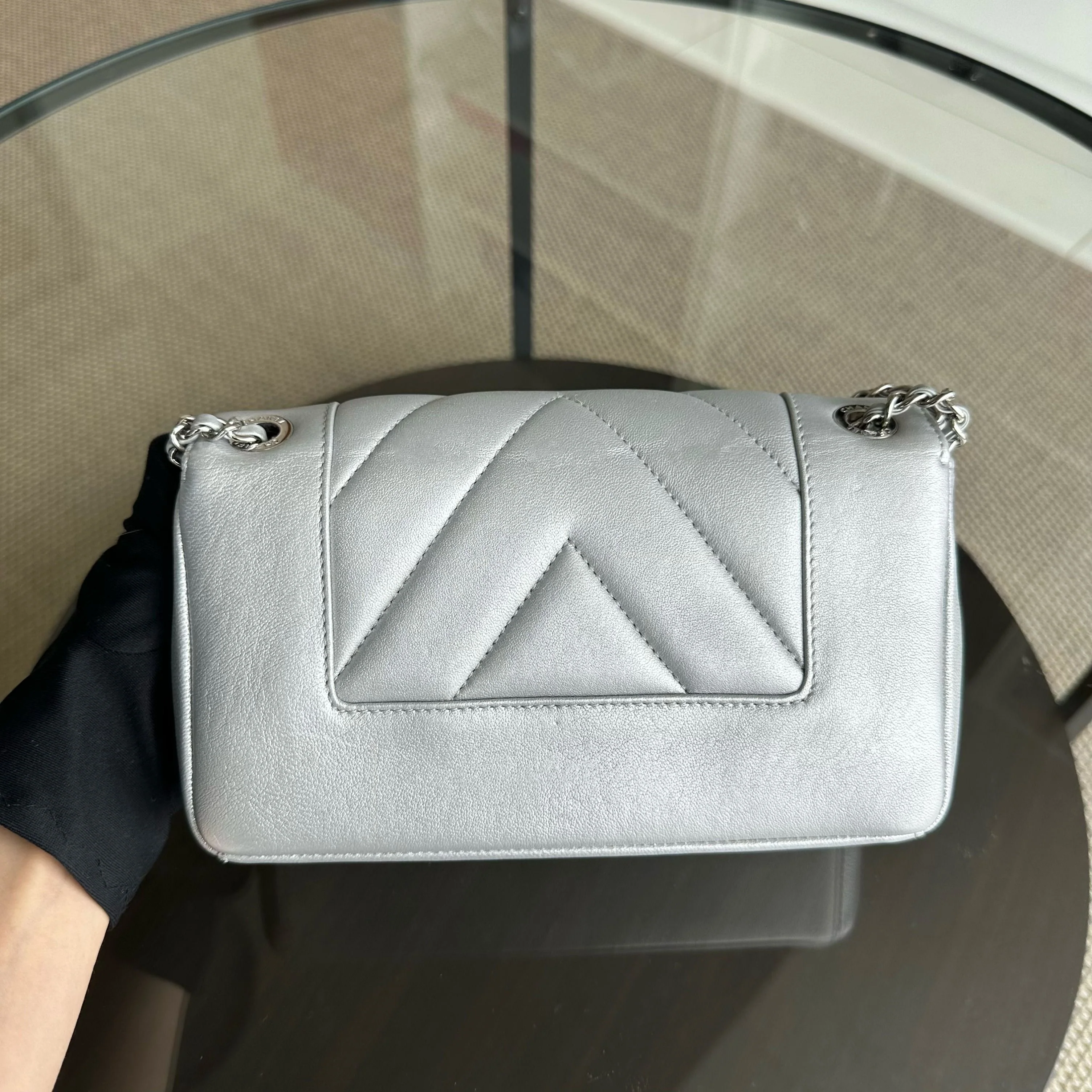 *Full Set, Receipt* Chanel Mademoiselle Small Seasonal Double Flap Chevron Calfskin Silver No 24 - Best Luxury Designers